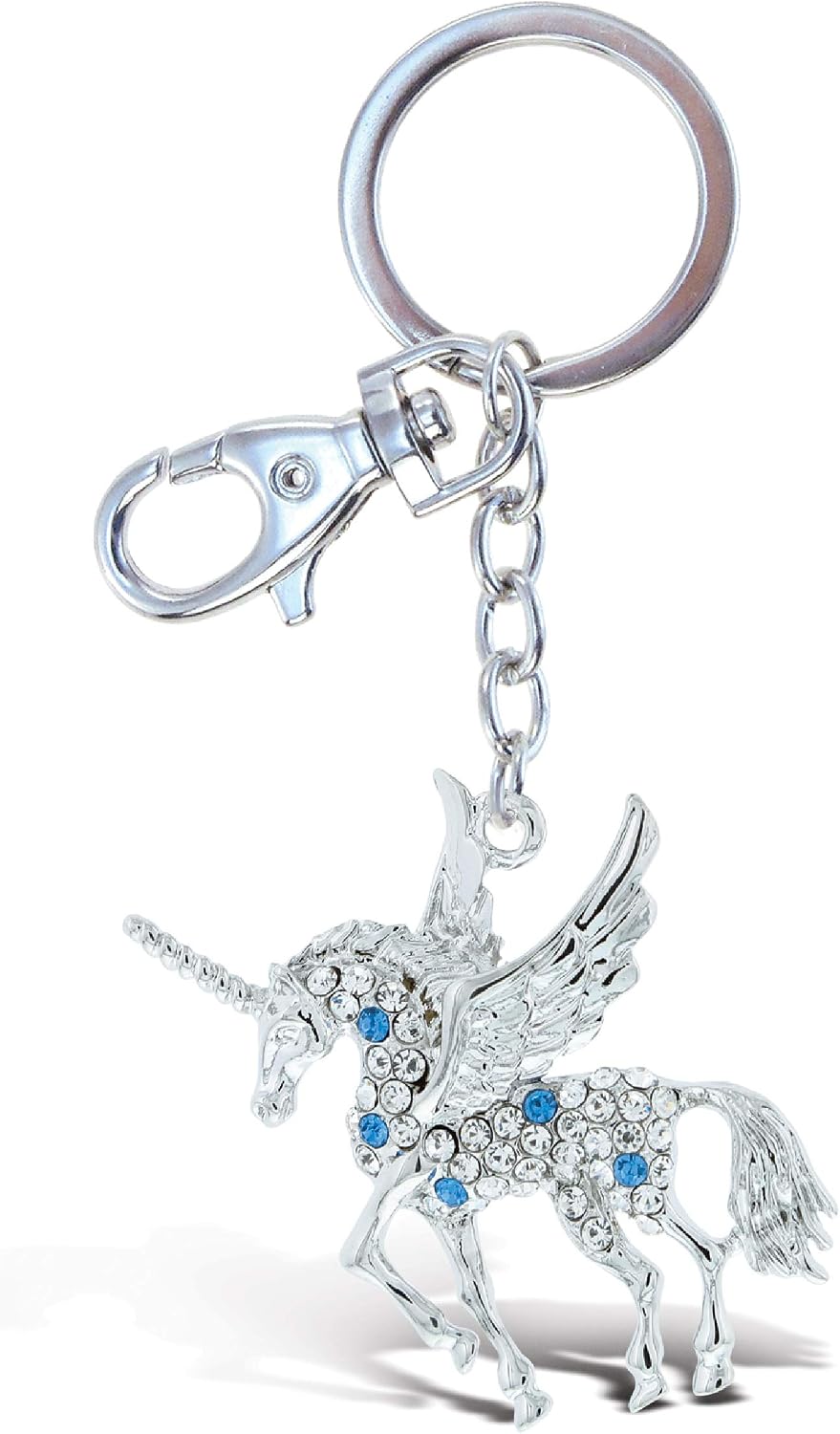 Magical Unicorn Keychain - Silver 3D Sparkling Charm Rhinestones Fashionable Stylish Metal Alloy Durable Key Ring Bling Crystal Jewelry Accessory with Clasp
