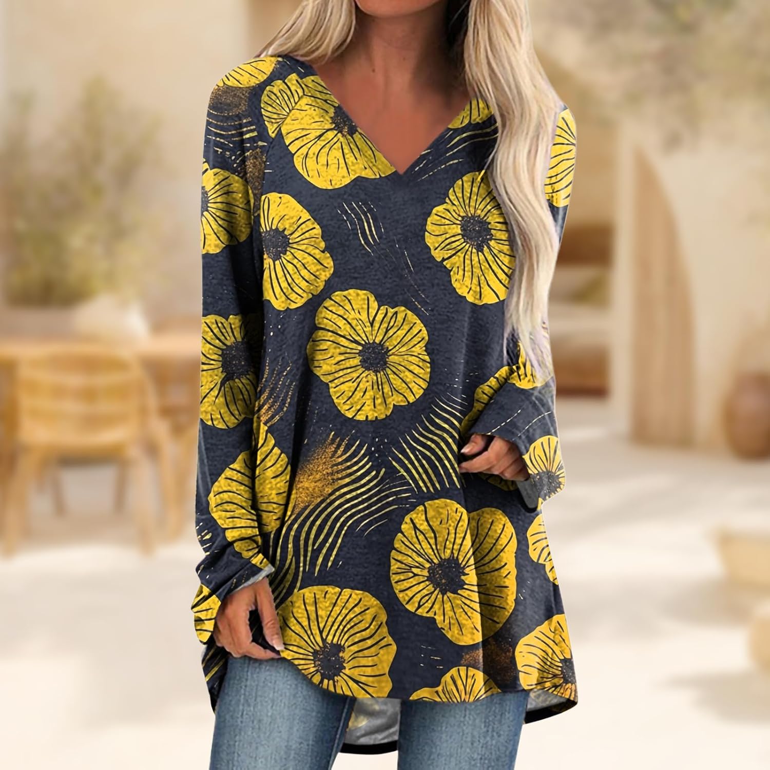 Summer Tops for Women Trendy Long Sleeve Shirts V Neck Casual Fashion Clothes Boho Beach Vacation Graphic Tees - Image 2