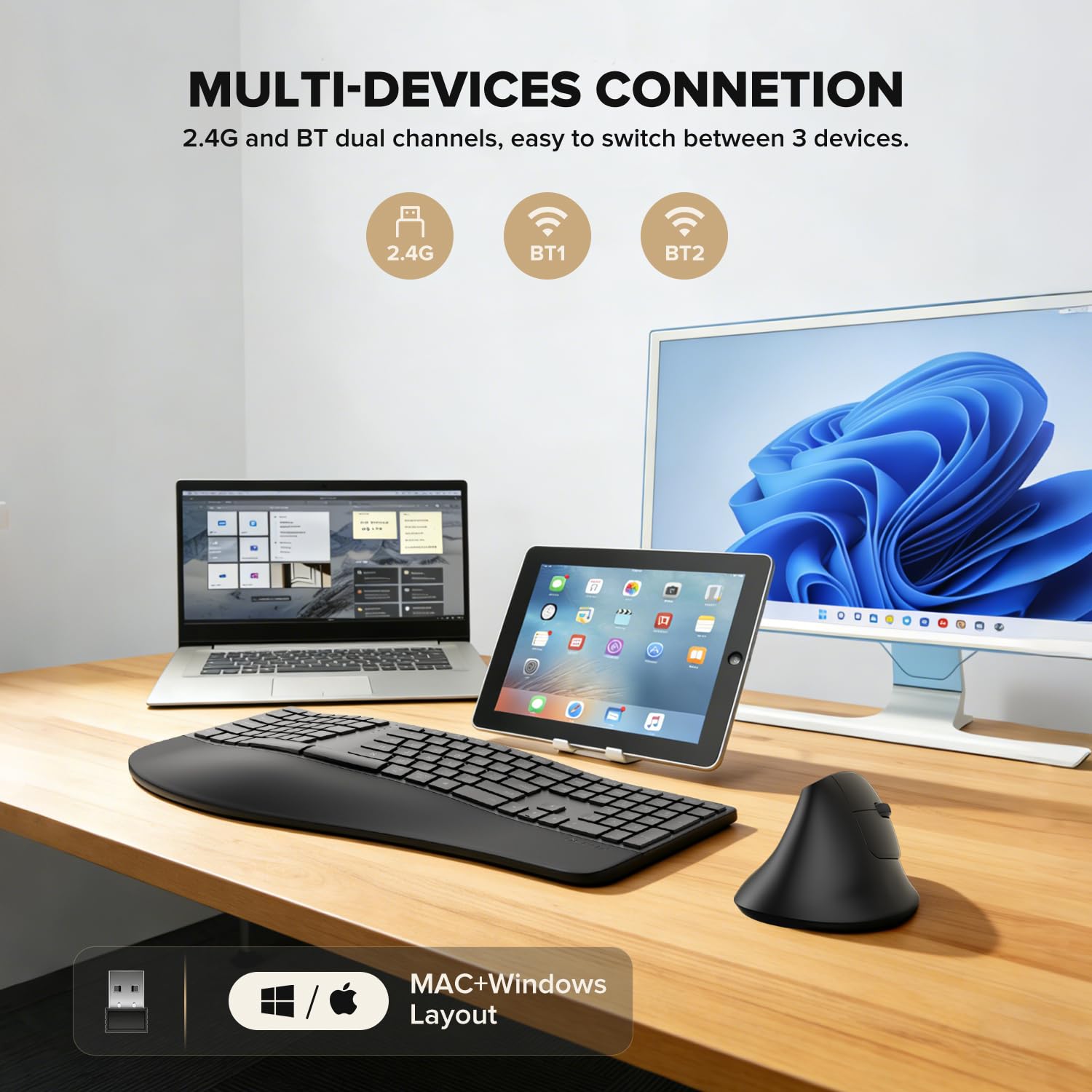 (Upgraded) DELUX Ergonomic Wireless Keyboard w Cushioned Wrist Rest, Wave Keys, 2.4GHz & Bluetooth Connection, Full Size Wireless Rechargeable Computer Keyboard for Windows, Mac OS, Laptop, PC (GM909) — view 4