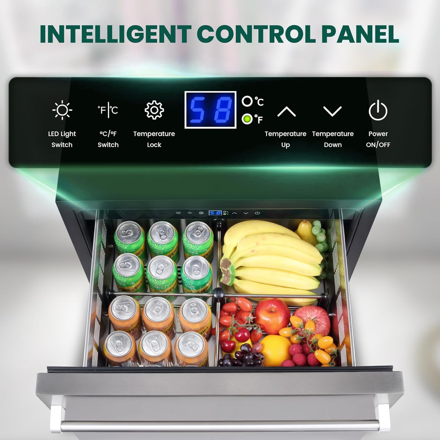 24 Inch Outdoor Drawer Refrigerator, Stainless Steel Door Under Counter Drawer Fridge Freestanding or Built-in, Beverage Cooler Refrigerator for Home Kitchen Commercial,Fast Cool,Low Noise