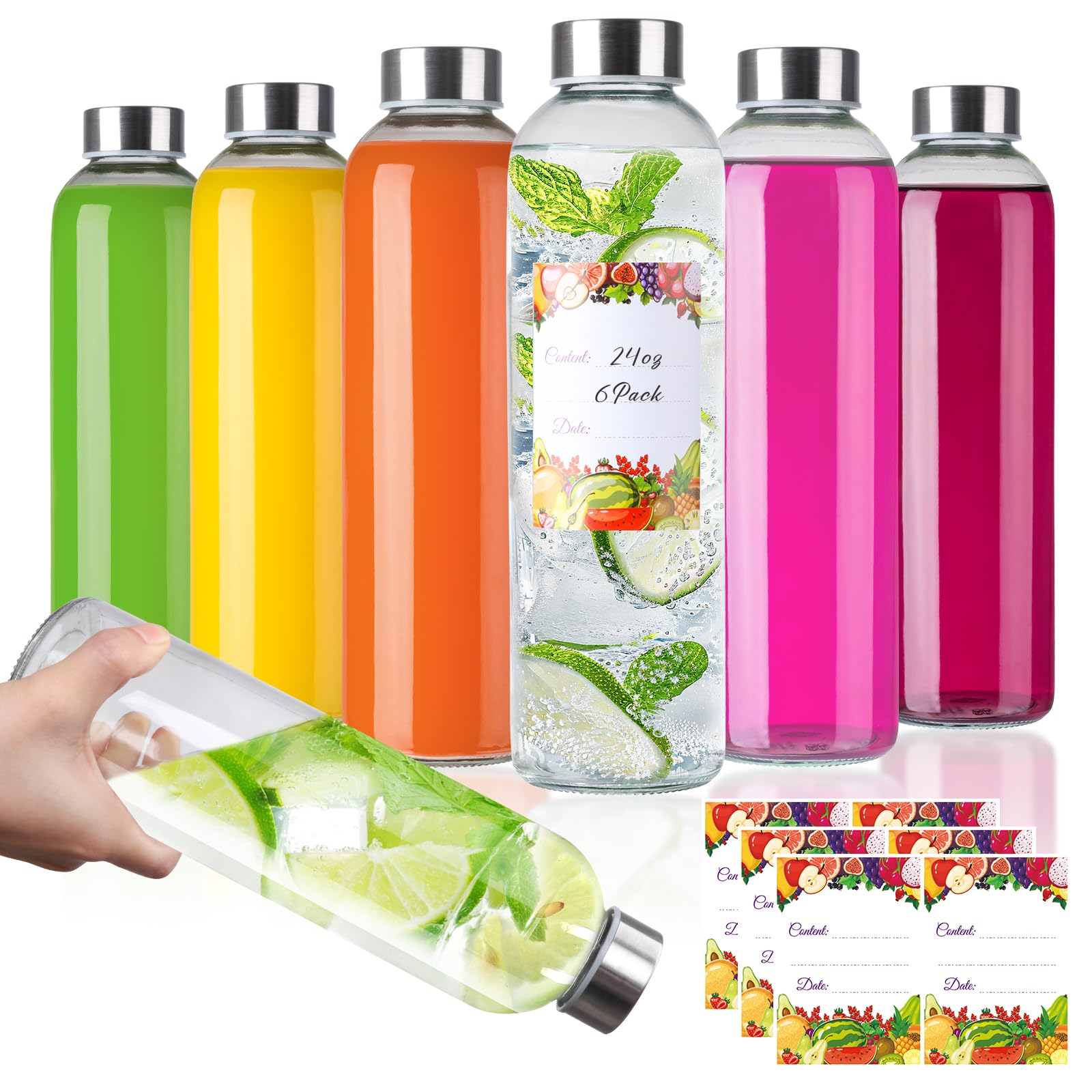 Alotpower Juicing Bottles Reusable Glass 24oz 6Pack, Empty Glass Bottles for Juicing, Milk, Smoothie, Beverage (24fl.oz/720ml, Set of 6)