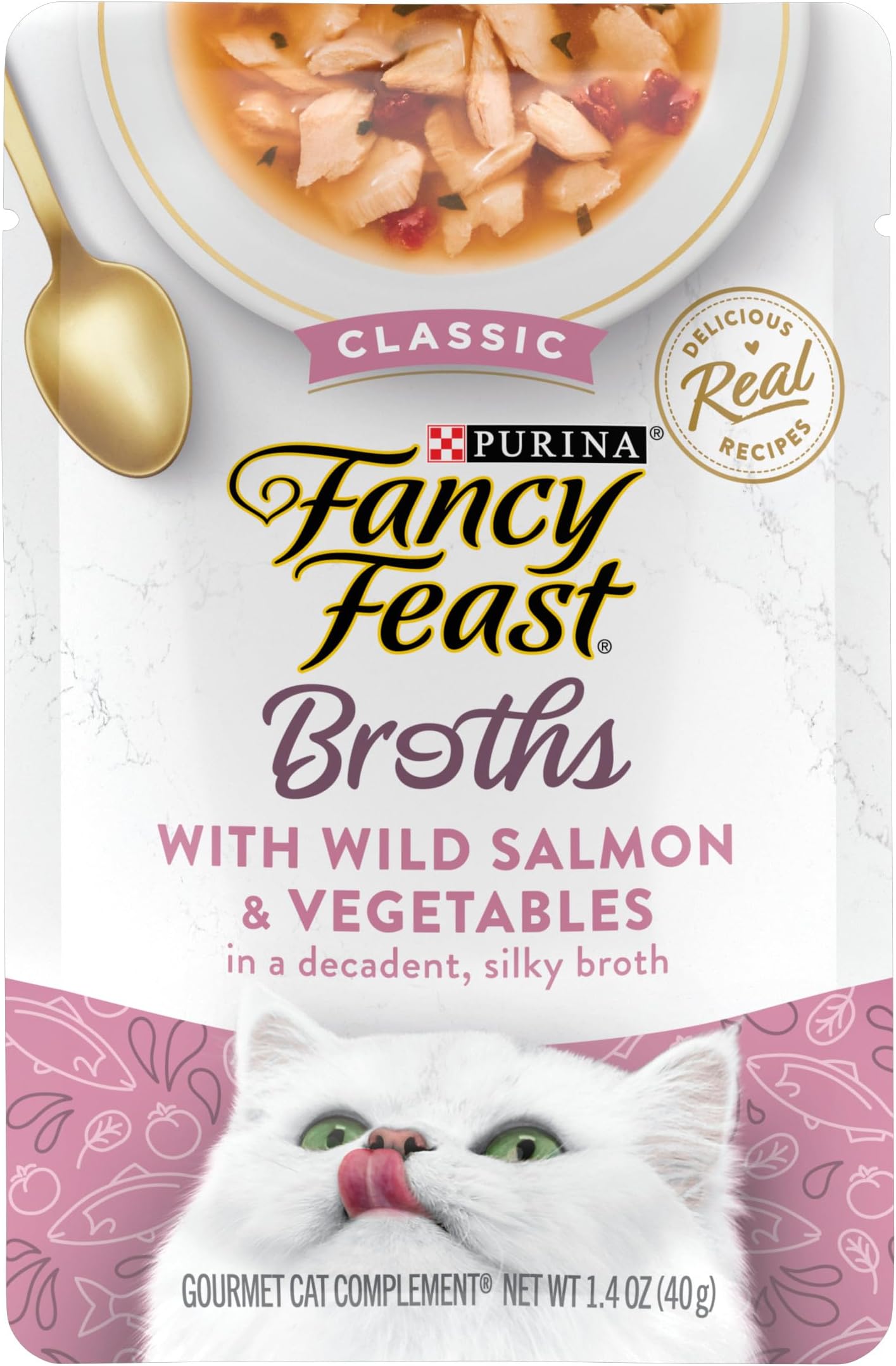 Purina Fancy Feast Lickable Wet Cat Food Broth Complement, Classic With Wild Salmon and Vegetables, (Pack of 16) 1.4 oz. Pouches