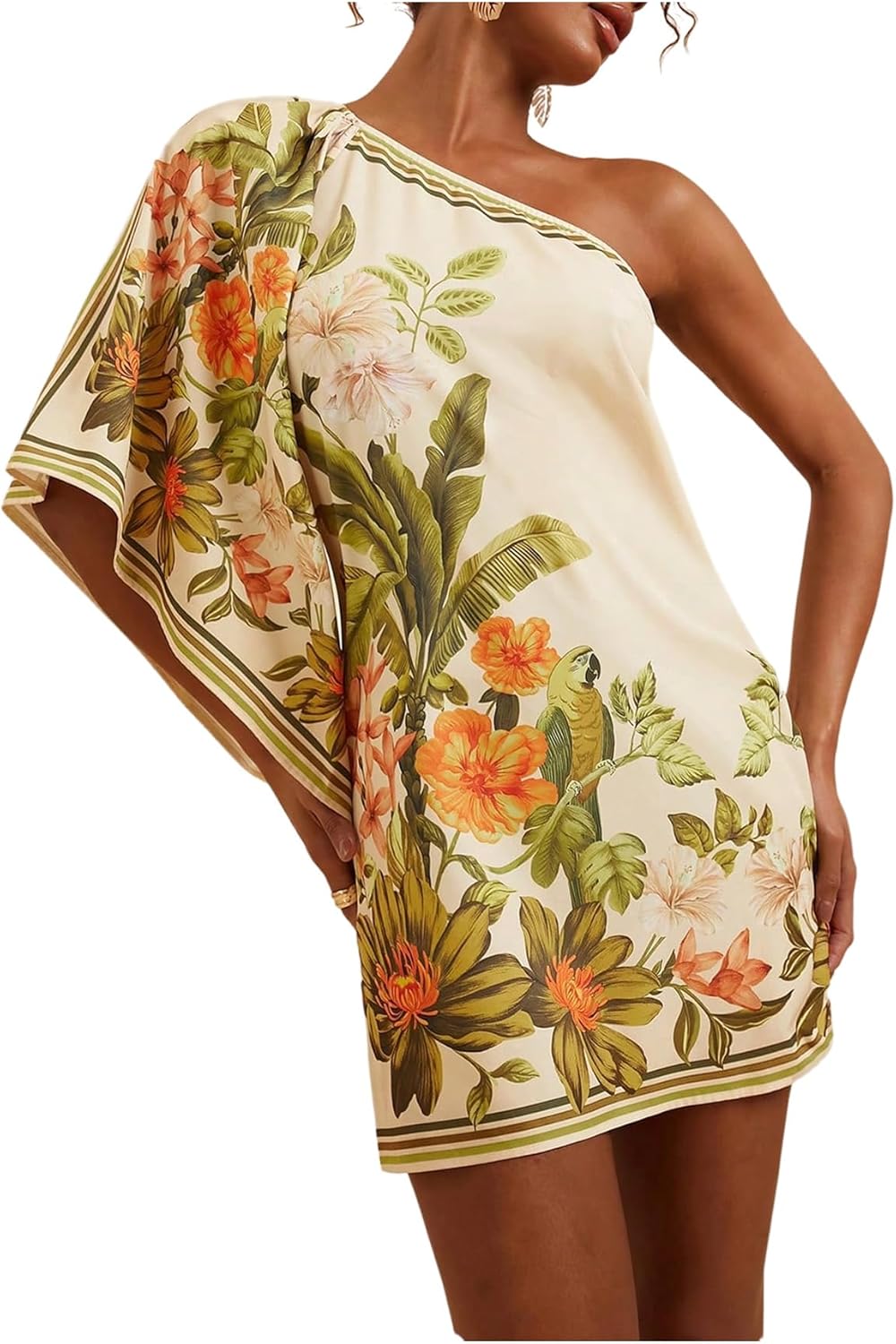 Boho mini dress with floral print asymmetric loosefit style