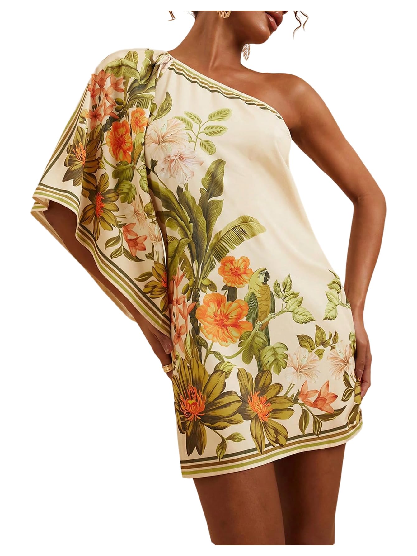 Women's Boho Tropical Mini Dress One Shoulder Hawaiian Sundress