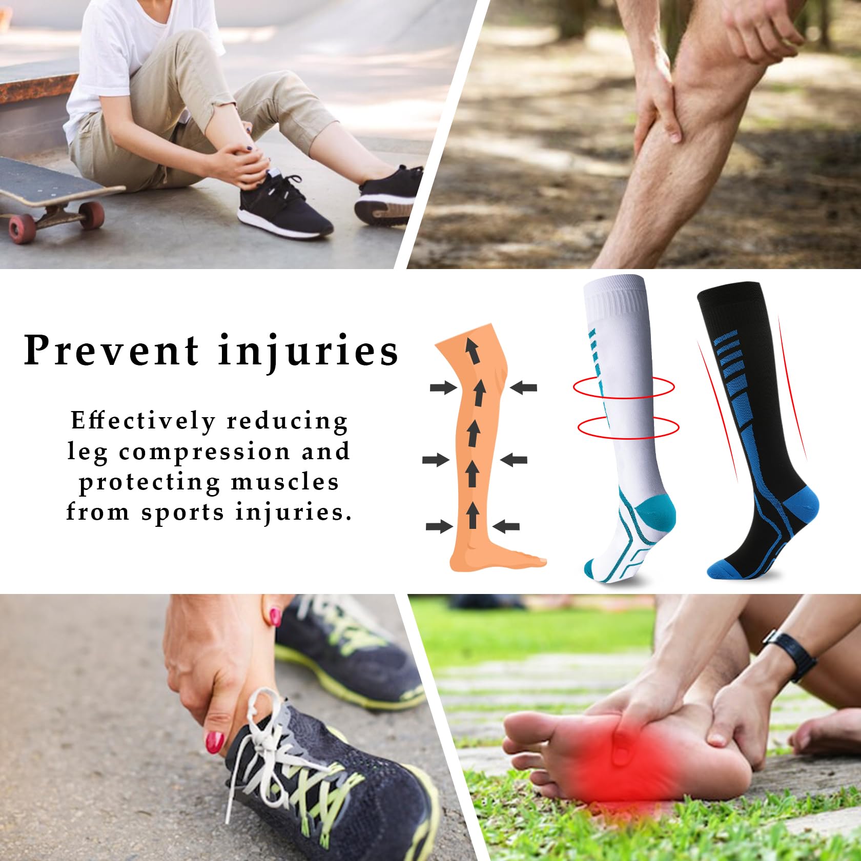 1 par de Calcetines de Compresión para Hombres y Mujeres, Medias de Compresión Graduada Hasta la Rodilla para Viajes en Avión, para Correr, Ciclismo y Esquí, L/XL, Negro y Azul