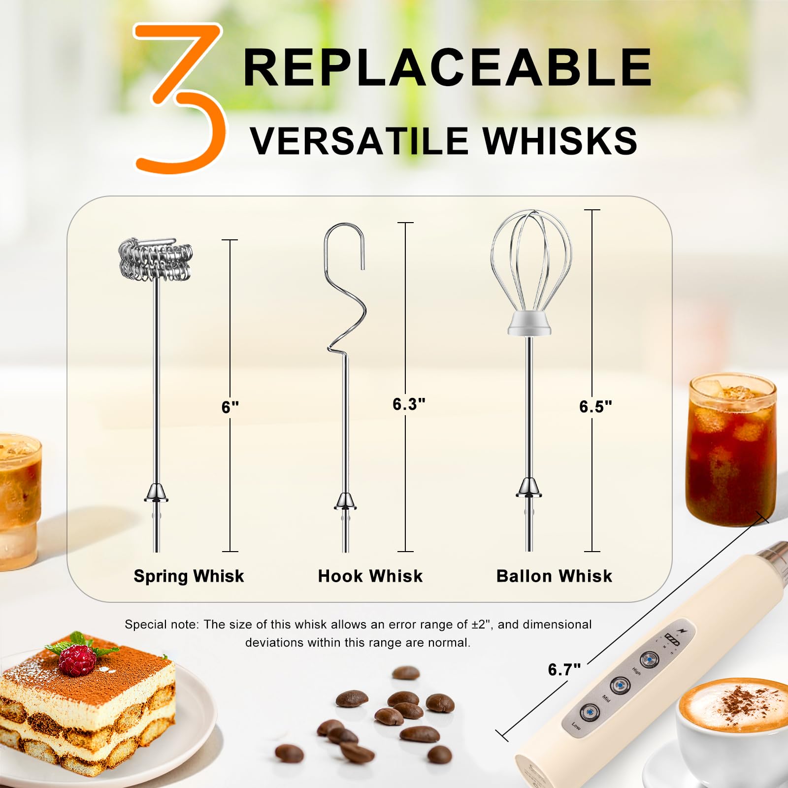 YUSWKO Mousseur à lait portatif beige pour café, fouet électrique rechargeable avec 3 têtes et 3 vitesses, mousseur à café pour latte, cappuccino, chocolat chaud, œuf
