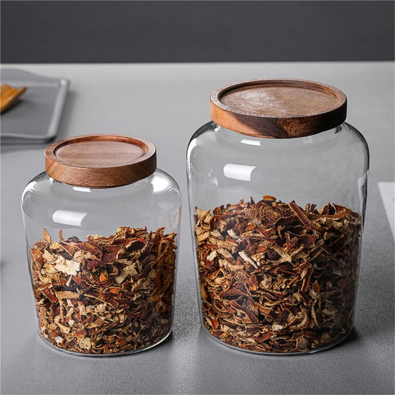 Aufbewahrungsglas Trockenfrüchte 2 Stück Küchen-Aufbewahrungsflaschen, Glas, luftdichte Kanister, Körner, Tee, Kaffee, Bohnen, Körner, Süßigkeiten, Trockenfrüchte, Gläser, Holzdeckel, Behälter, Lebens