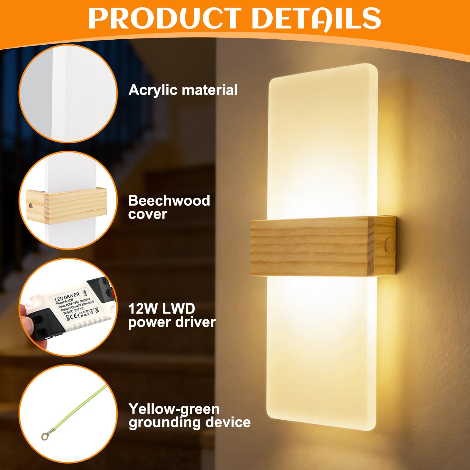 2 Pezzi 12W LED Lampada da Parete Interno 3000K Bianco Caldo 28cm | Acryl Lampada da Parete Lampada da Parete per Corridoio Su e Giù Illuminazione per Camera da Letto Corridoio Soggiorno Scale