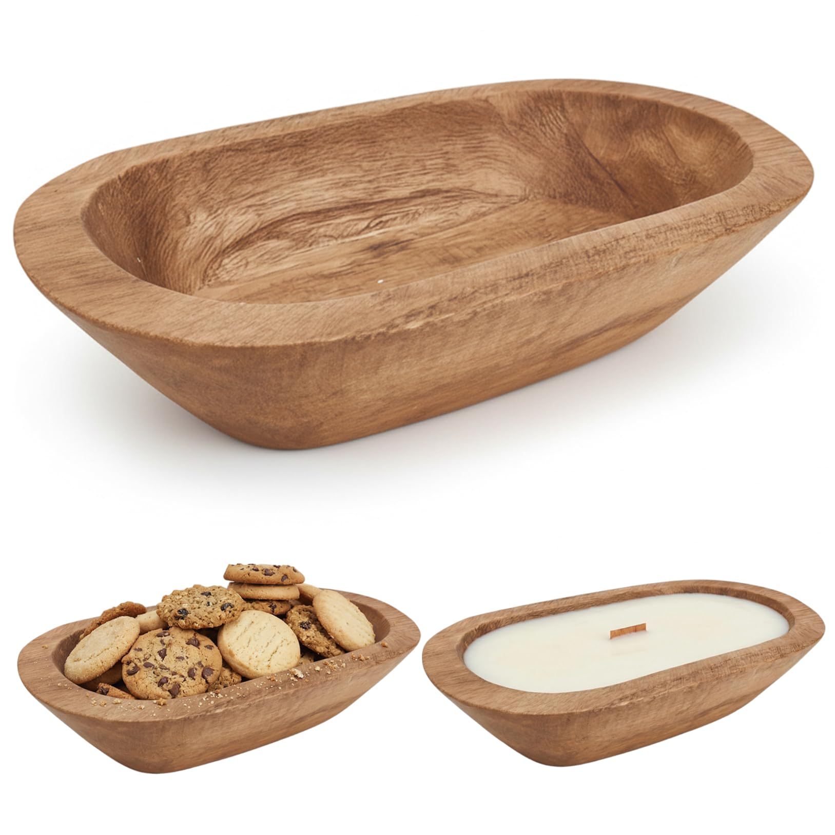 Hotainoys Wooden Candle Bowl, Rustic Decorative Wooden Bread Bowl for Bread Making Dining Room Table Centerpiece Home Decoration, 8.7x5.1x2in Candle