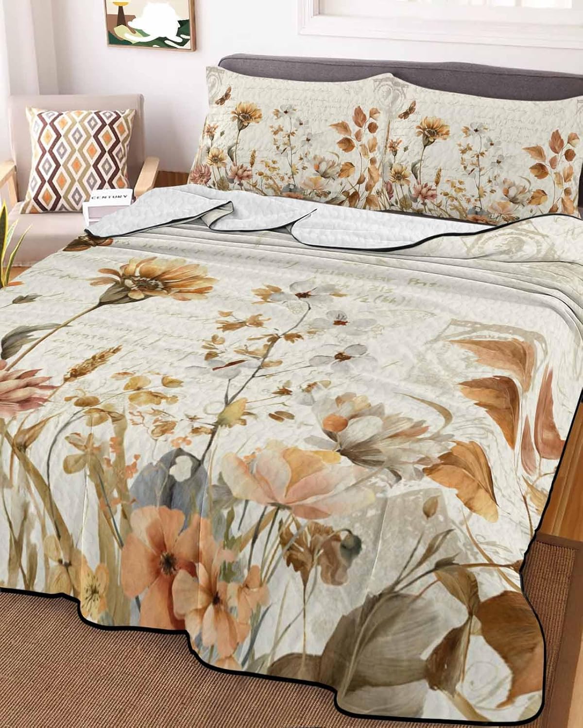 Quilts Twin Size Fall Flower Butterfly Dragonfly Leaf Soft Comforter Bedding Set for Bed, Lightweight Quilte Bedspread with Pillow Cover(2 Pieces) for All Season, 68x86 Inch