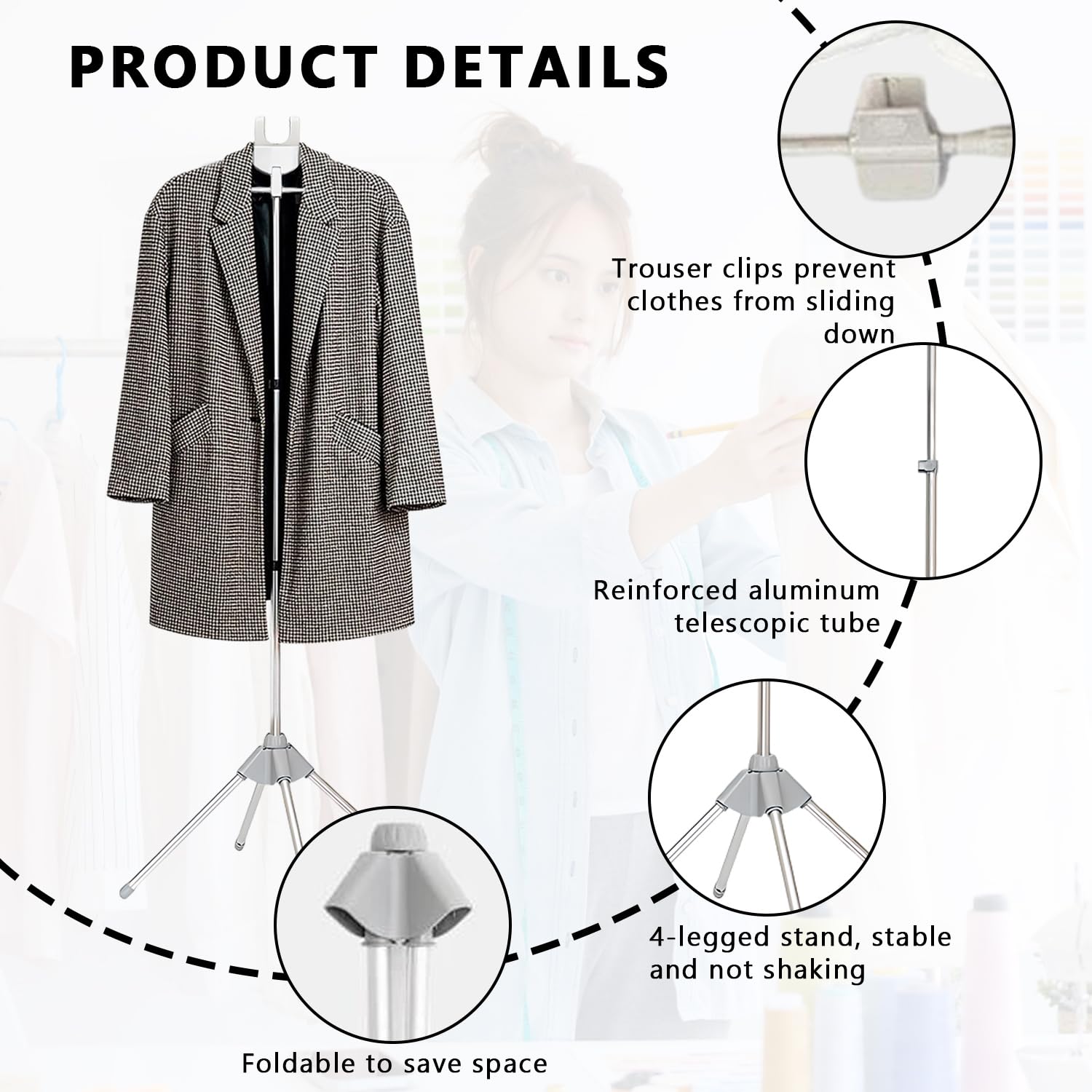 Kleiderbügel für Dampfglätter, 360° Drehbarer Dampfglätter Klappbarer, 84-160 cm Höhenverstellbarer Dampfständer für Kleidung, Dampfbügelmaschinen mit 3 Zubehör Geeignet für Windmantel, Hemden, Röcke