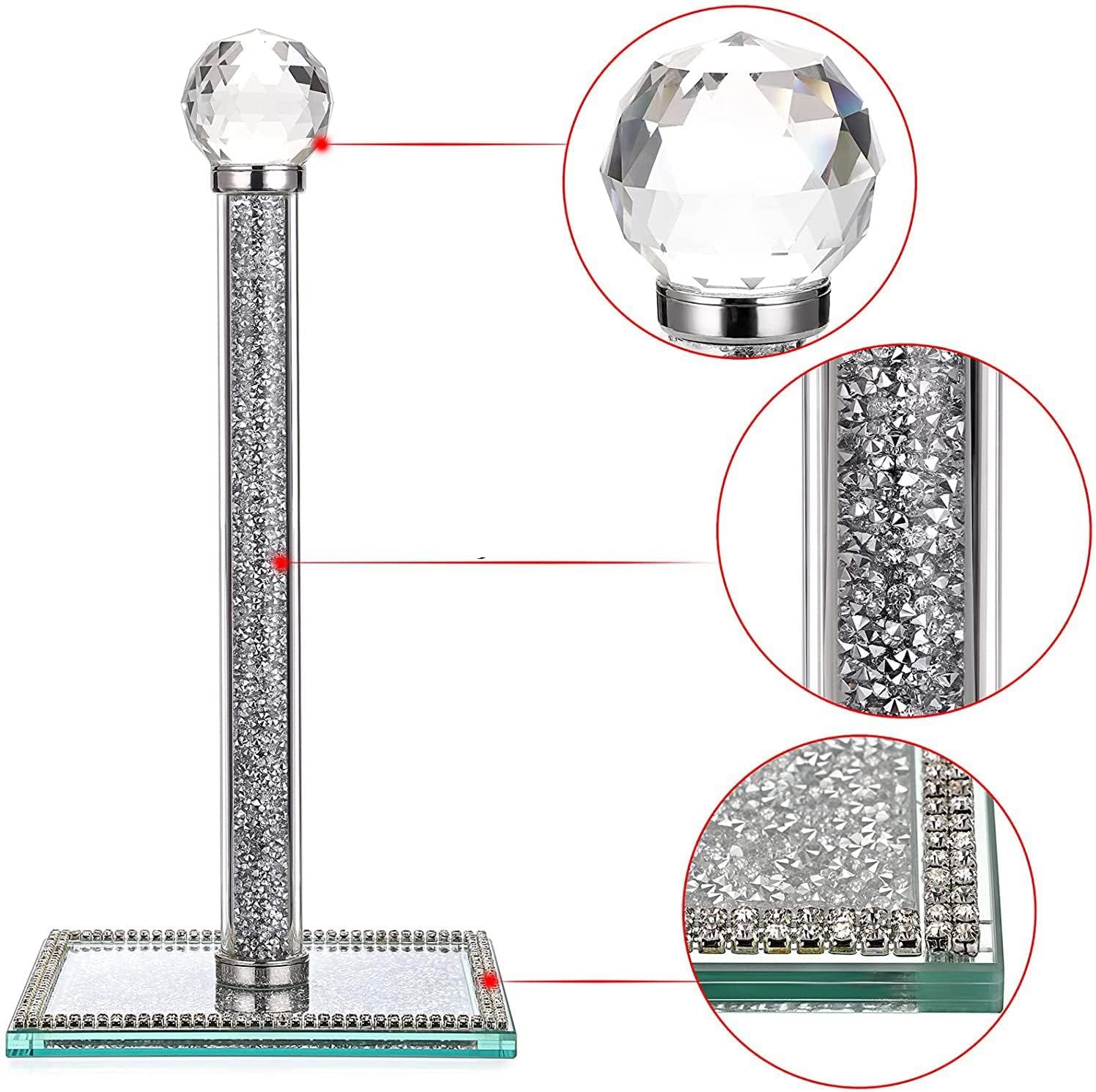 Handmade Silver Paper Towel Roll Holder, Filled with Sparkly Crystal Crushed Diamonds for Kitchen / Bathroom Towel Tissue Roll Countertop, 13 Inch Height 6.3 Inch Square Base Freestanding Holder
