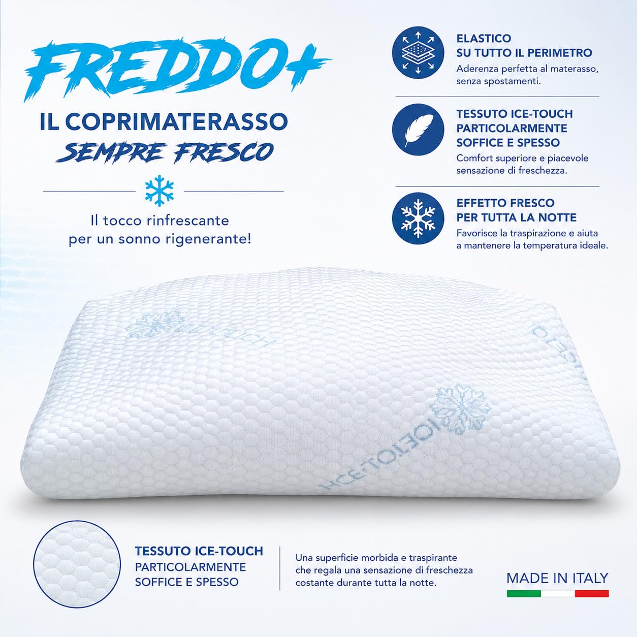Coprimaterasso Rinfrescante Freddo+ Ice-Touch, Estivo, Termoregolatore, Traspirante, Anti-Umidità, Morbido, Elasticizzato - Singolo 80x200 cm H25