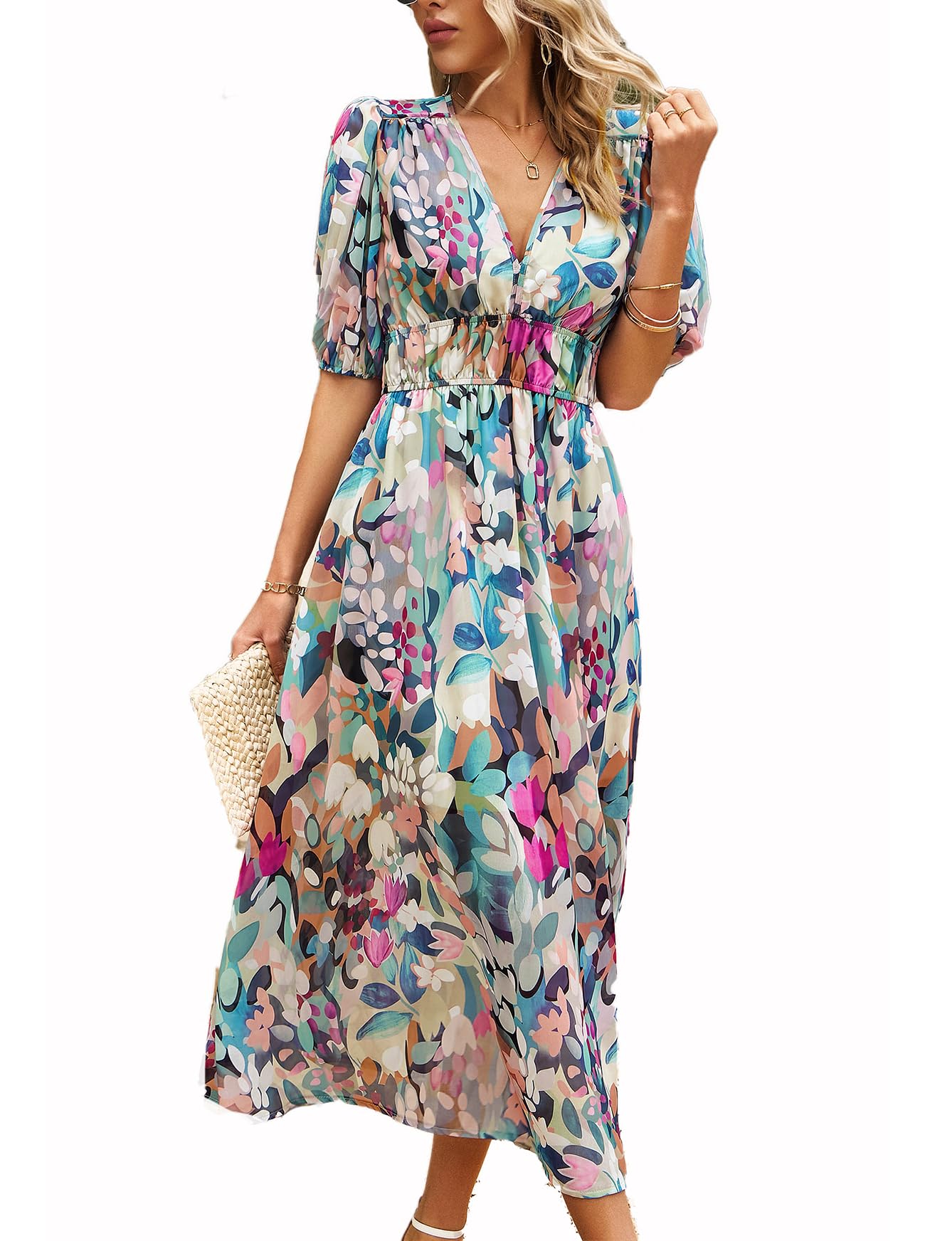 Plustrong Women's Green Boho Floral V Neck Maxi Dress Summer Short Sleeve Elastic Waist Casual Flowy Long Dress, Xl