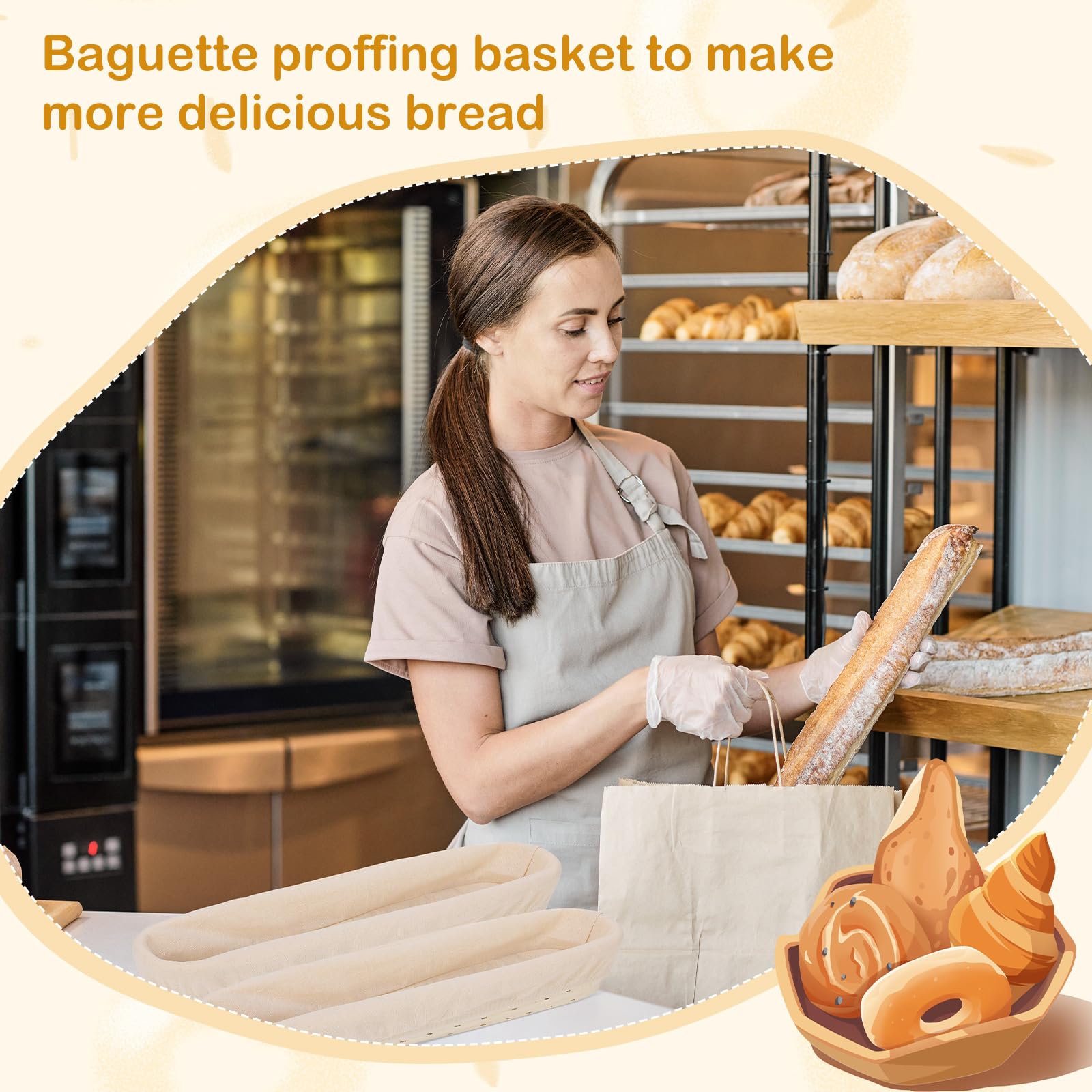 Vesici Baguette-Brot-Gärkörbe mit Stoffeinsatz, 38,1 cm lang, Baguette-Banneton-Backschalen, Rattan, Sauerteig-Gärkörbe für Zuhause, Sauerteig, Backzubehör, Backgeschenke, 6 Sets