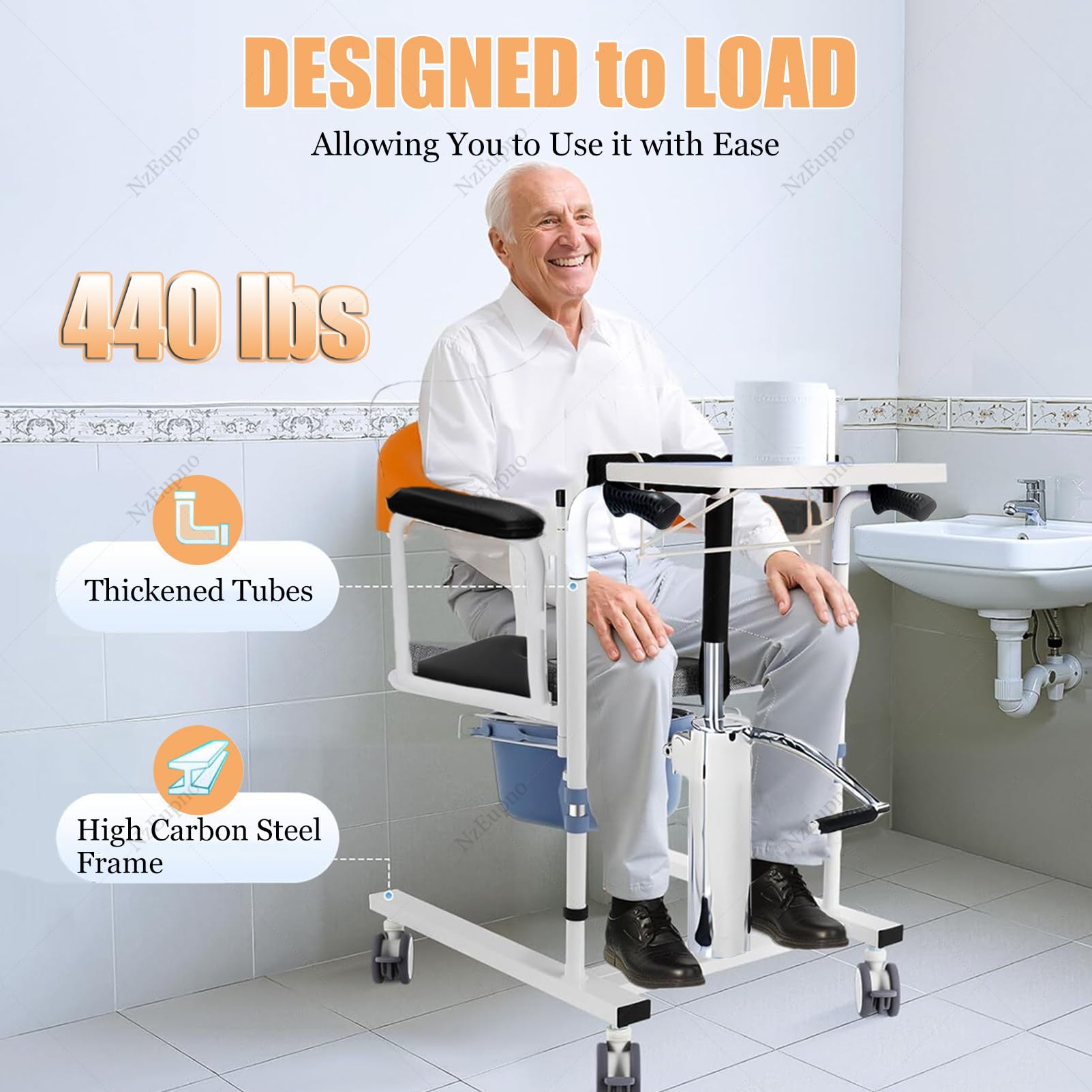 Silla Elevadora De Transferencia Para Pacientes Ancianos Y Discapacitados, 440 lb Silla De Ruedas Auxiliar Con Inodoro, Asiento Abatible 180° Para Traslado Desde La Cama A La Ducha/Inodoro/Sofá Orange