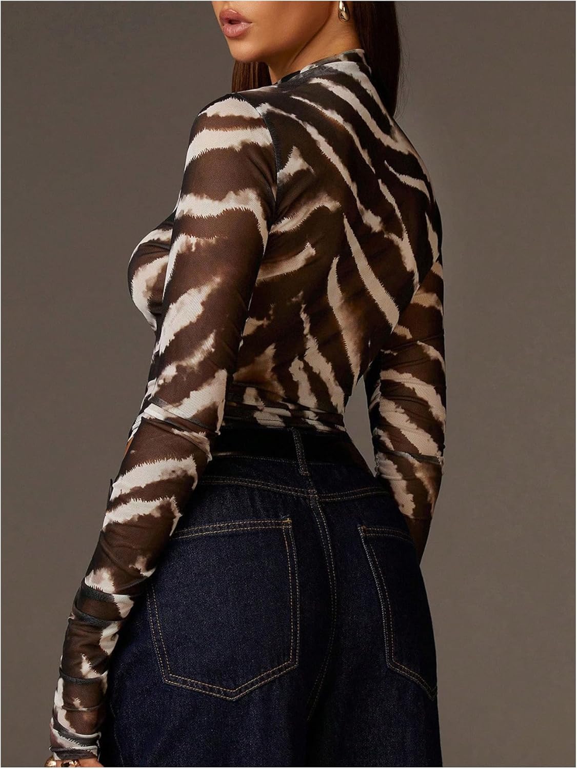 WDIRARA Women's Zebra Print Mesh Sheer T Shirts Mock Neck Long Sleeve Tee Y2k Fitted Crop Tops - Image 2