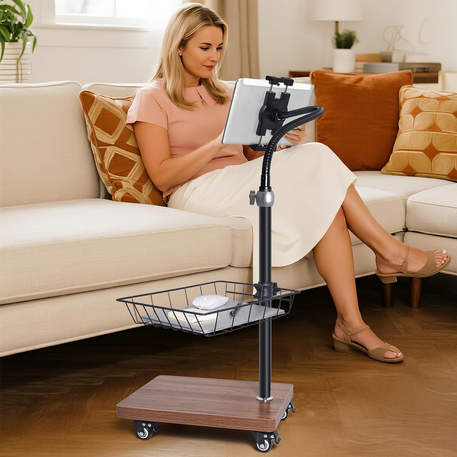Verstellbarer Boden-Tablet-Ständer mit Rollfuß, flexibler Schwanenhals-Halterung, Holzplattform, mobiler Gerätehalter für den Innenbereich