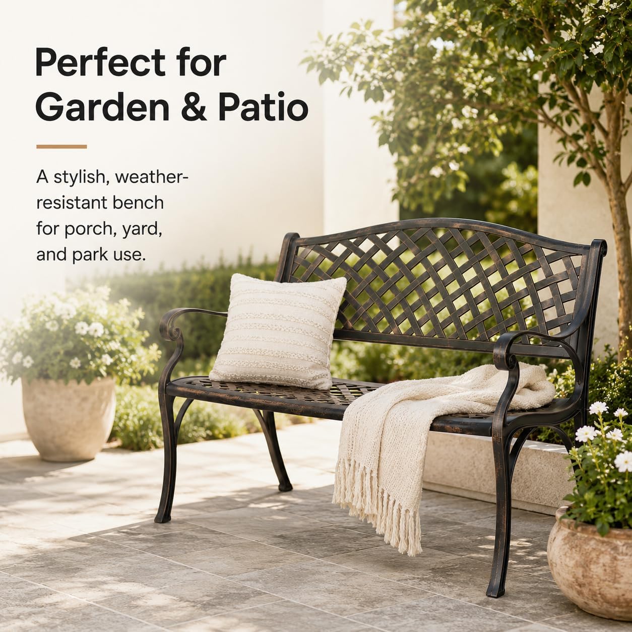 40" Outdoor Bench,Metal Outside Benches for Garden,Patio,Front Porch, Park, Yard, with Armrest and Backrest,Weatherproof,Water Resistant,Aluminum,Support up to 530lbs,Bronze Color