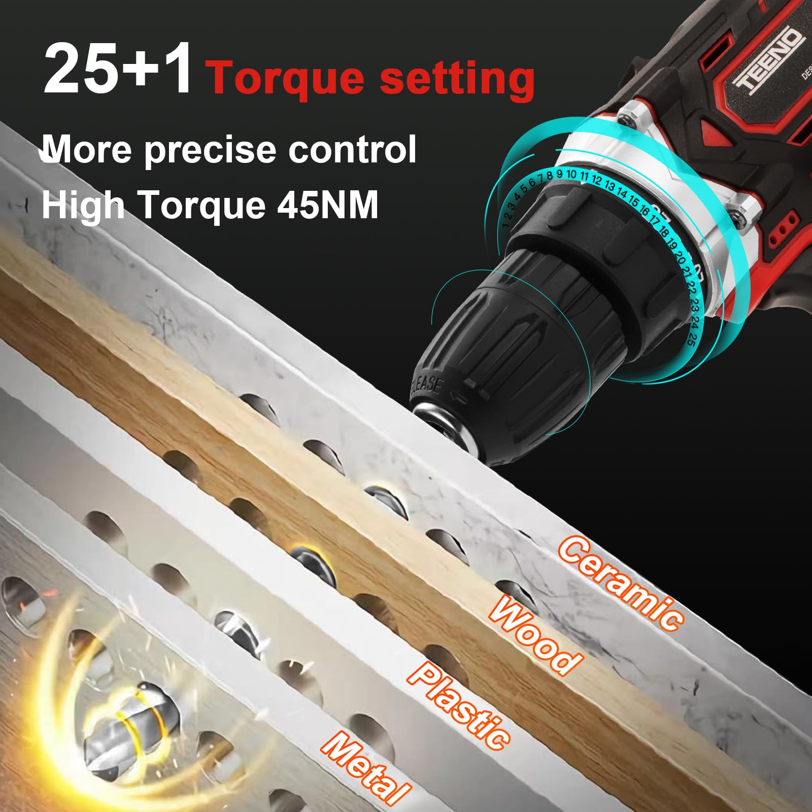 TEENO Perceuse Visseuse Sans Fil 21V,45 Nm Visseuse Devisseuse Sans Fil avec 2 Batteries 2.0Ah,25+1 Réglages de Couple,2 Vitesses,LED,46 Accessoires et Valise,Pour la menuiserie