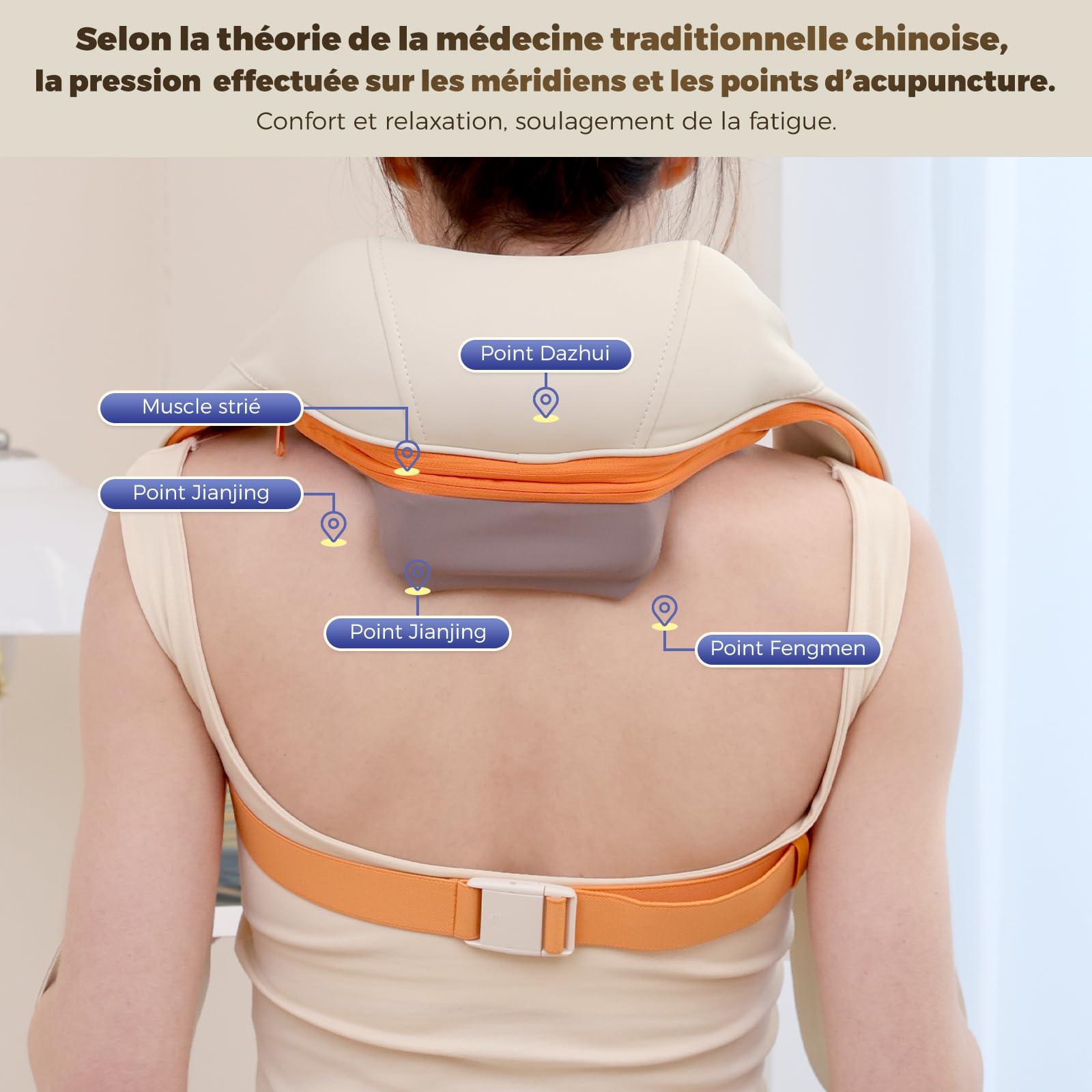 Appareil de massage du cou avec fonction chauffante, appareil de massage Shiatsu sans fil avec massage 4D des tissus profonds, pour les épaules, les jambes, les muscles du corps, soulagement