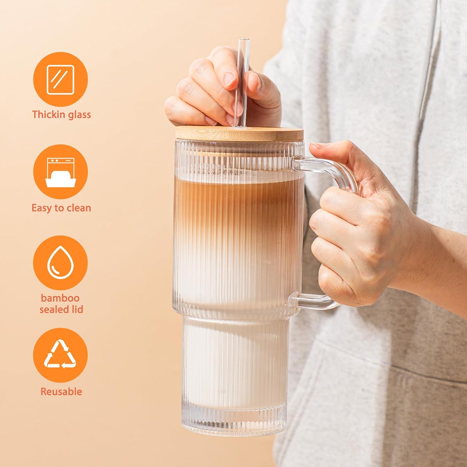 24oz Ribbed Glass Tumbler with Handle and Bamboo Lid, Set of 2 Glass Cups with Lids and Straws for Coffee, Tea, Juice and Smoothies, Reusable Iced Coffee Cups Includes 2 Sealed Plastic Lids - Image 5