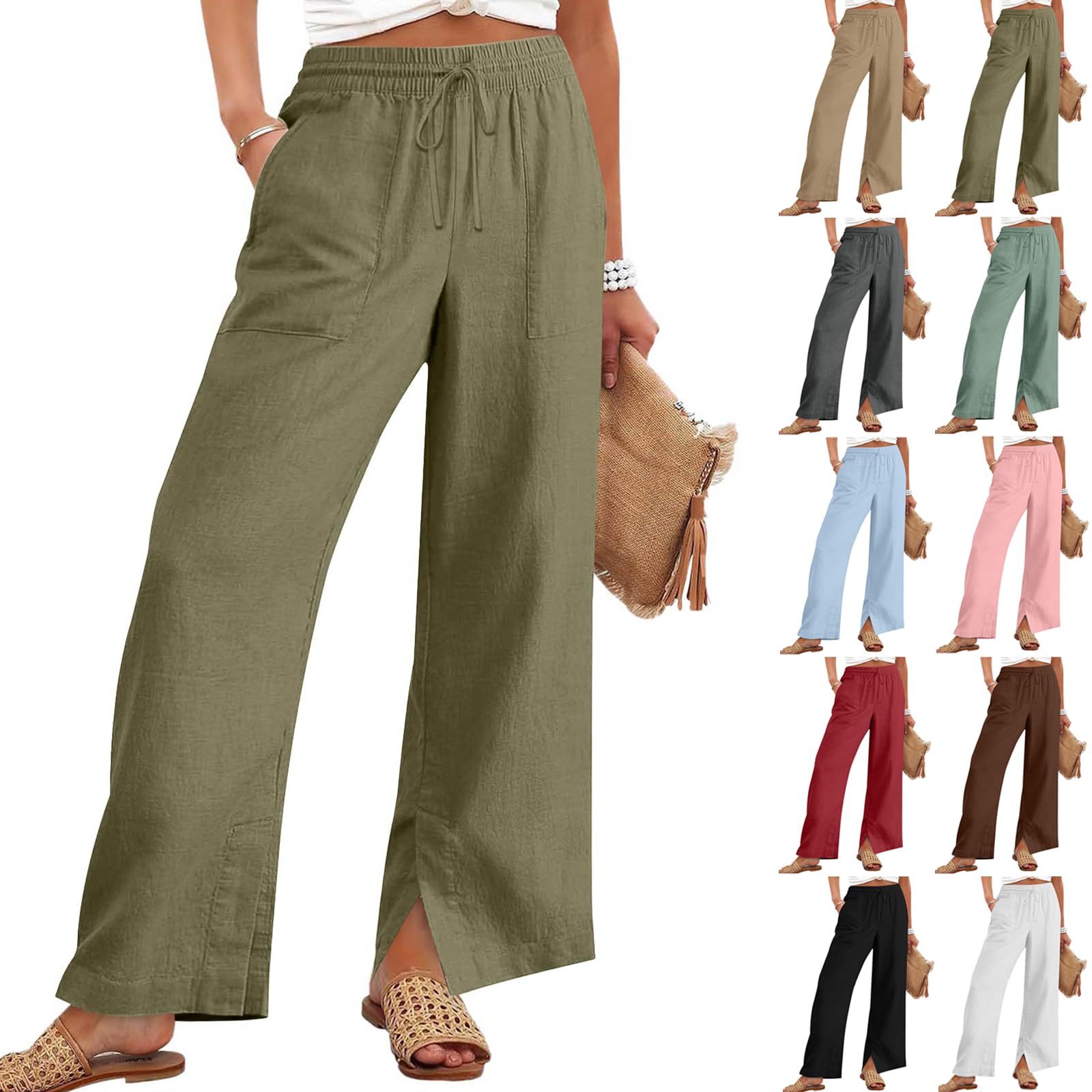 Women Linen Pants Summer Side Split Wide Leg Pants Boho Drawstring Wide Leg Pant Vacation Beach Palazzo Pant