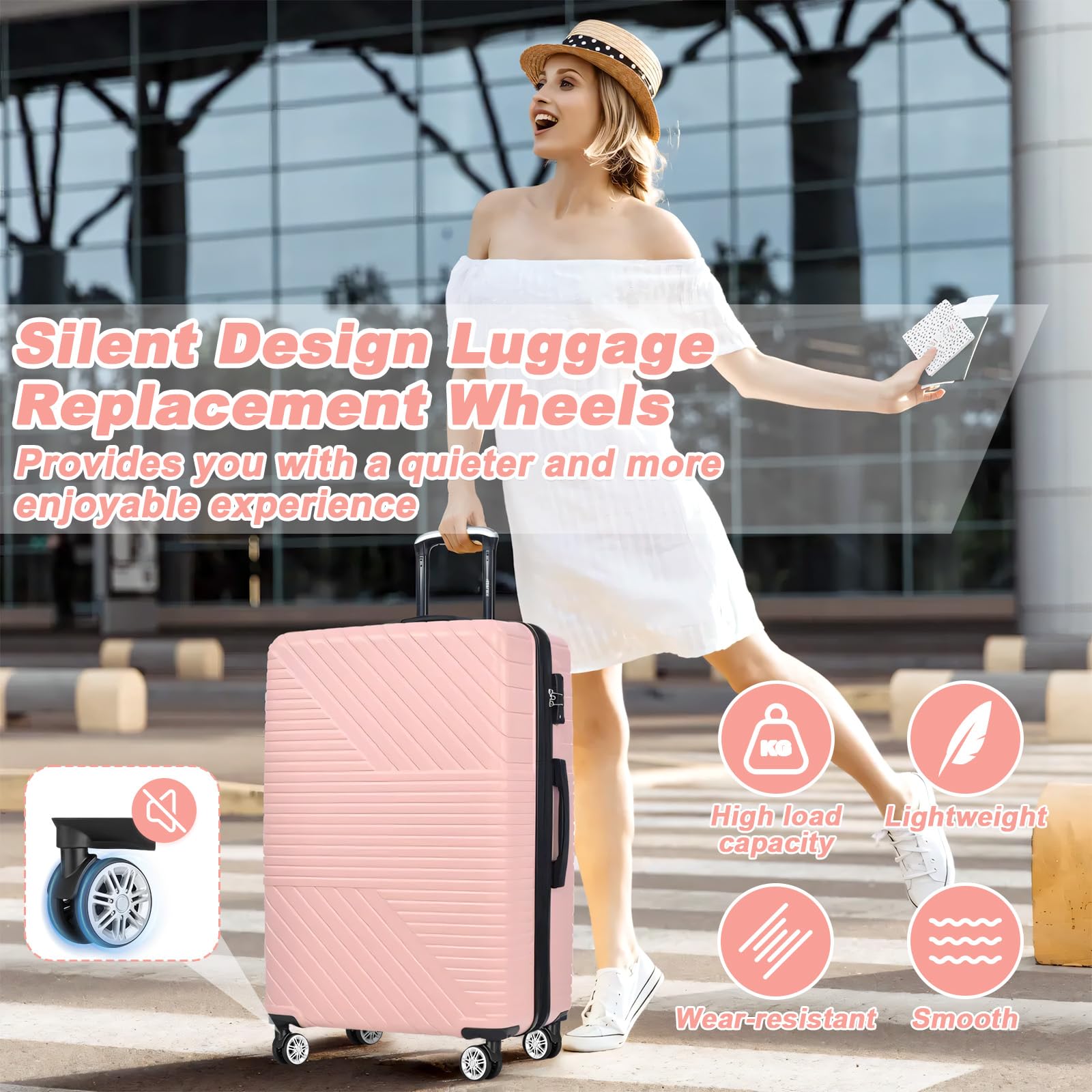 2 Paia Ruote Trolley Ricambio Rigide,Rotelle Scorta Valigie Universali,Ruota Valigia Girevoli Mute Doppia Fila,Rulli Bagagli Resistenti Rotazione 360°,Kit Sostituzione Riparazione per Custodia Viaggio