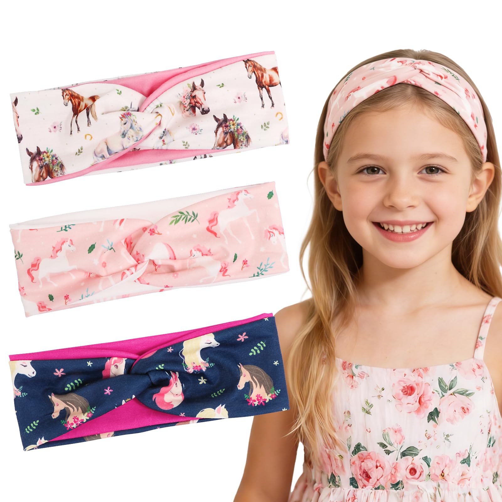 UNISUNSG 3 Stücke Mädchen Stirnbänder mit Knoten Pferde Muster Haarband Elastisches Kopfband Mädchen Geschenk für Sport Makeup - 1
