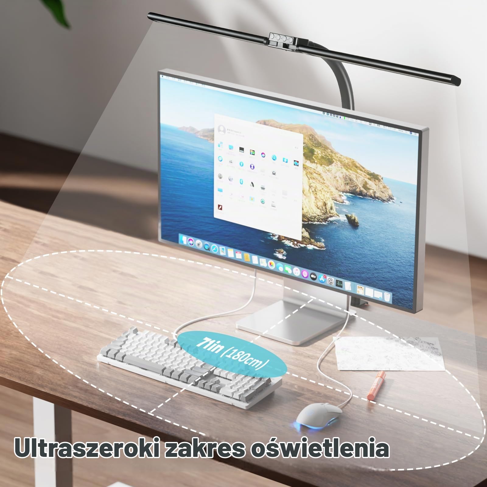 Euakee Lampa biurkowa LED z podwójnym głowicem, 80 cm, 24 W, możliwość ściemniania, lampa zaciskowa do home office, lampa chroniąca oczy, światło dzienne z pilotem, 10 kolorów, 10 poziomów jasności