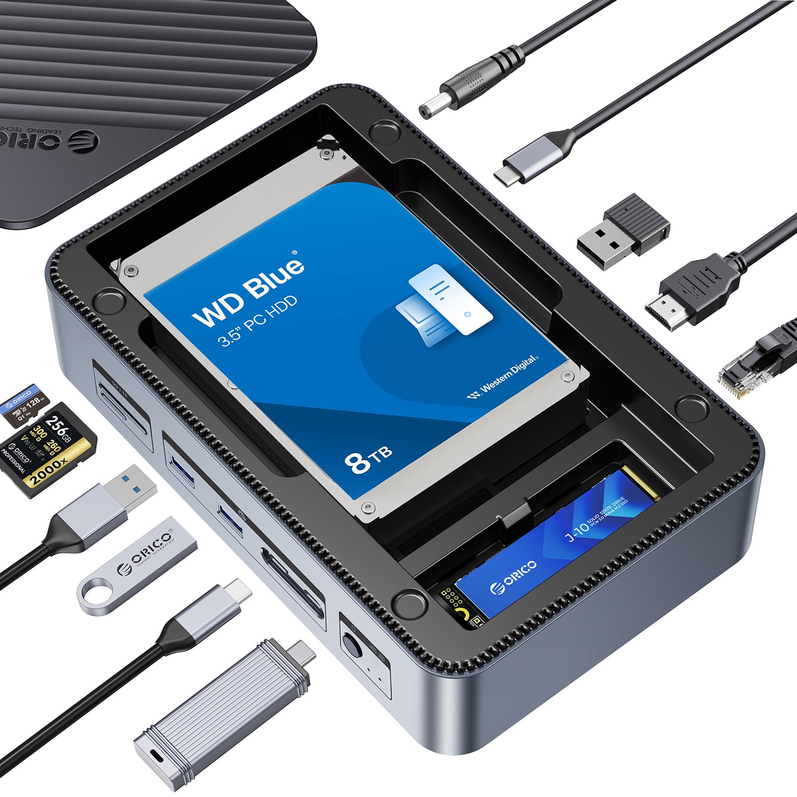 ORICO Docking station USB-C 12 in 1 con doppia enclosure SSD - Supporta dischi SATA M.2 NVMe/SATA e 2.5"/3.5" fino a 26TB, 10Gbps USB, 4K HDMI@60Hz D35M2-V1