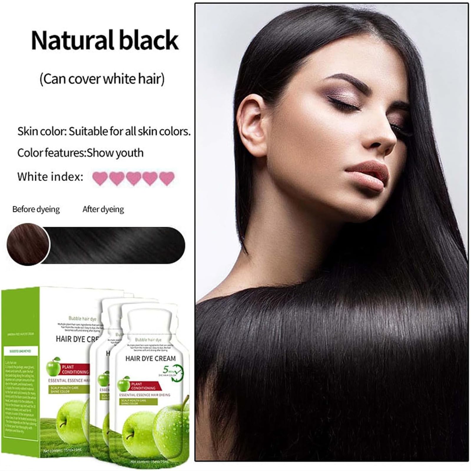 Crema per tinte per capelli di mela naturale, crema per estrarre tinture per capelli neri mele, peli grigi che coprono creme coloranti, consistenza di lunga durata e nutriente (Natural Black)