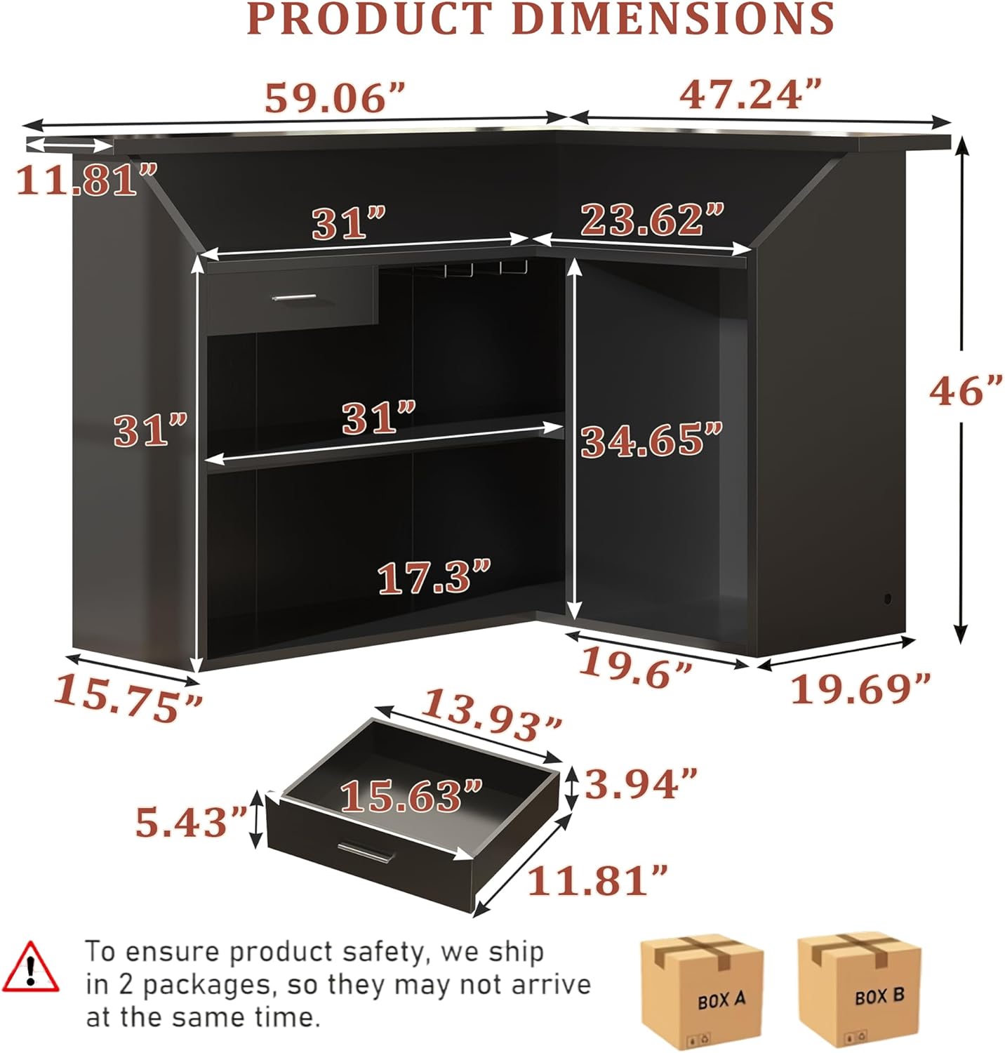 L-Shaped Home Bar Cabinet with Fridge Space, 4-Tier Corner Bar Cabinet with Glass Holder, Liquor Cabinet for Home with Led Lights, Power Outlets, Wine Cabinet for Living Room, Dining Room, Basement