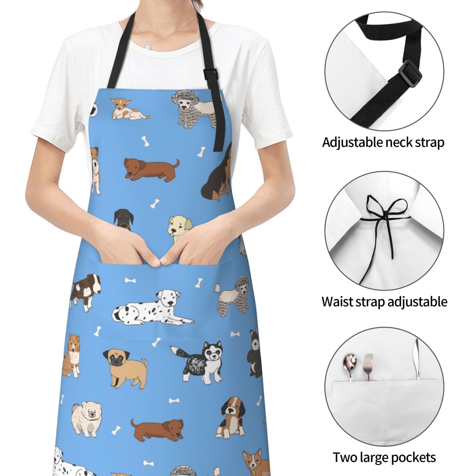 Perinsto Dogs Blue Waterproof Apron With 2 Pockets Kitchen Chef Aprons Bibs For Cooking Baking Painting Gardening Grooming - Image 3