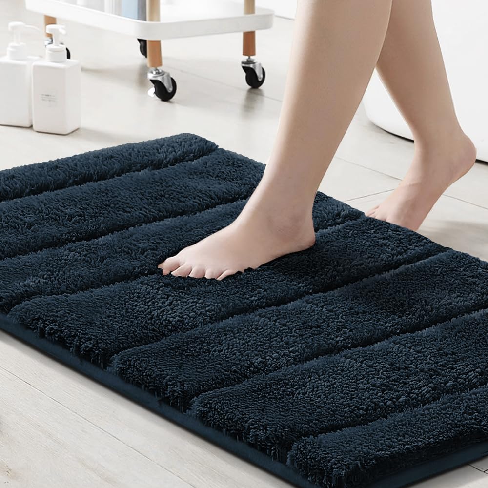 H.VERSAILTEX Bathroom Rugs Thick Velvet Bath Rug Super Shaggy Soft Non Slip Water Absorbent Striped Bath Mat, Dries Quickly Washable Fluffy Plush Bathroom Floor Rugs for Shower, 20"x 32", Navy
