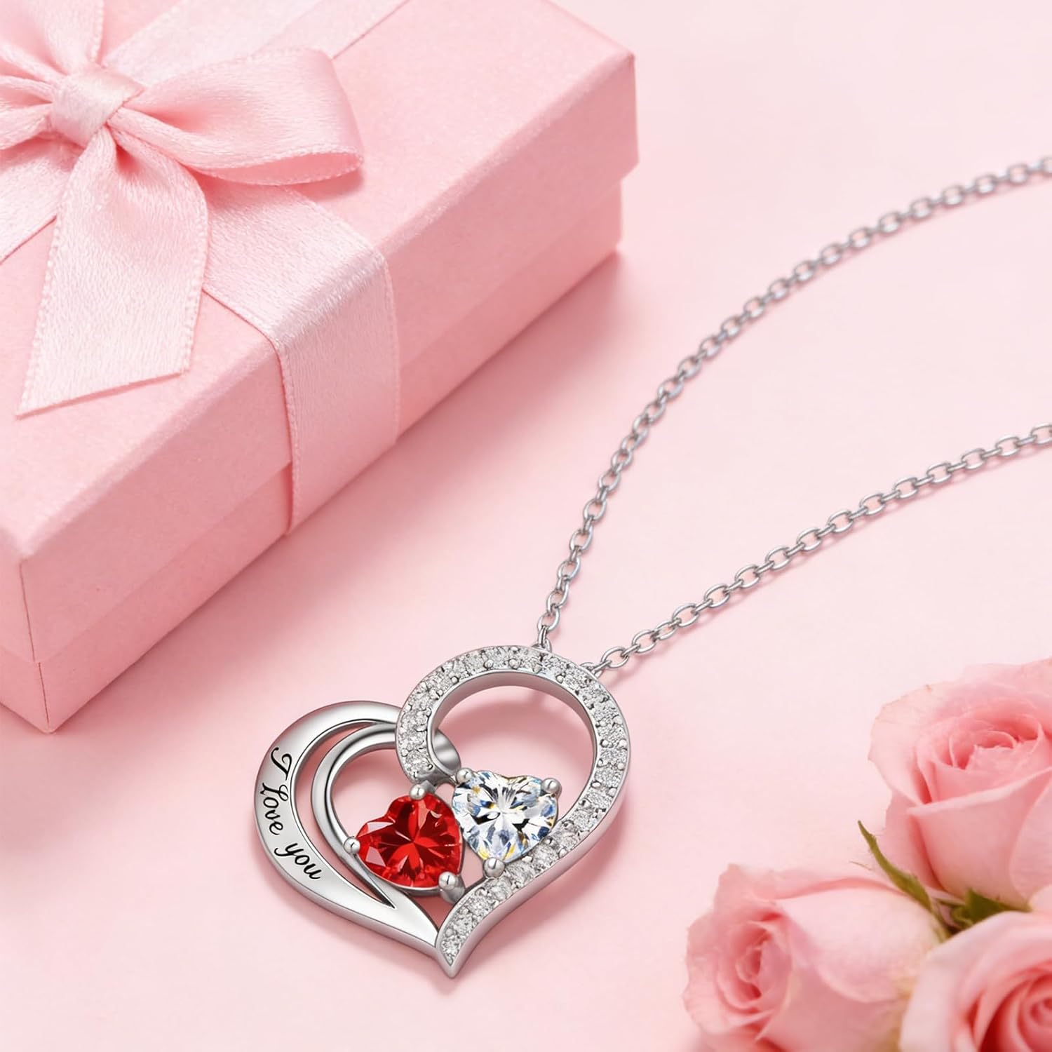 Double Birthstone Heart Necklace 0.8CT Dual-Gemstone S925 Sterling Silver Plated White Gold Engraved I Love You Perfect Anniversary/Valentine's Day Gift for Wife/Girlfriend/Mom/Daughter - Image 6