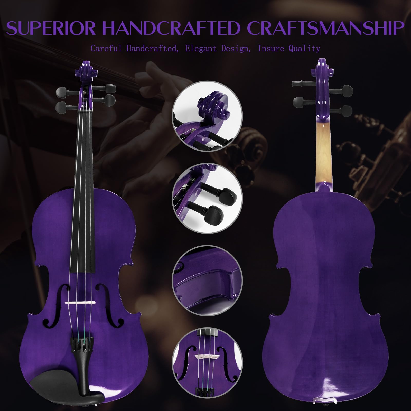 16 Inch Acoustic Viola Set, Beginner Handmade Varnish Solid Wood Viola for Adults, Students, Musical Instrument Viola Set with Case, Bow, Rosin, Bridge and Strings,Purple