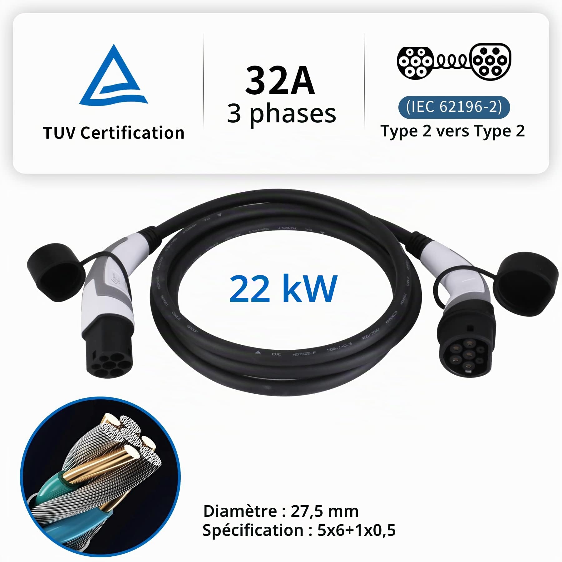 Câble de Recharge Voiture électrique Type 2, 22 KW, 32 A, 3 m | Recharge Triphasé , Type 2 à Type 2, pour VE et Hybrides Rechargeables ID.3, ID.4, Model 3, e-Tron, Zoe, i3, Leaf, e-Golf