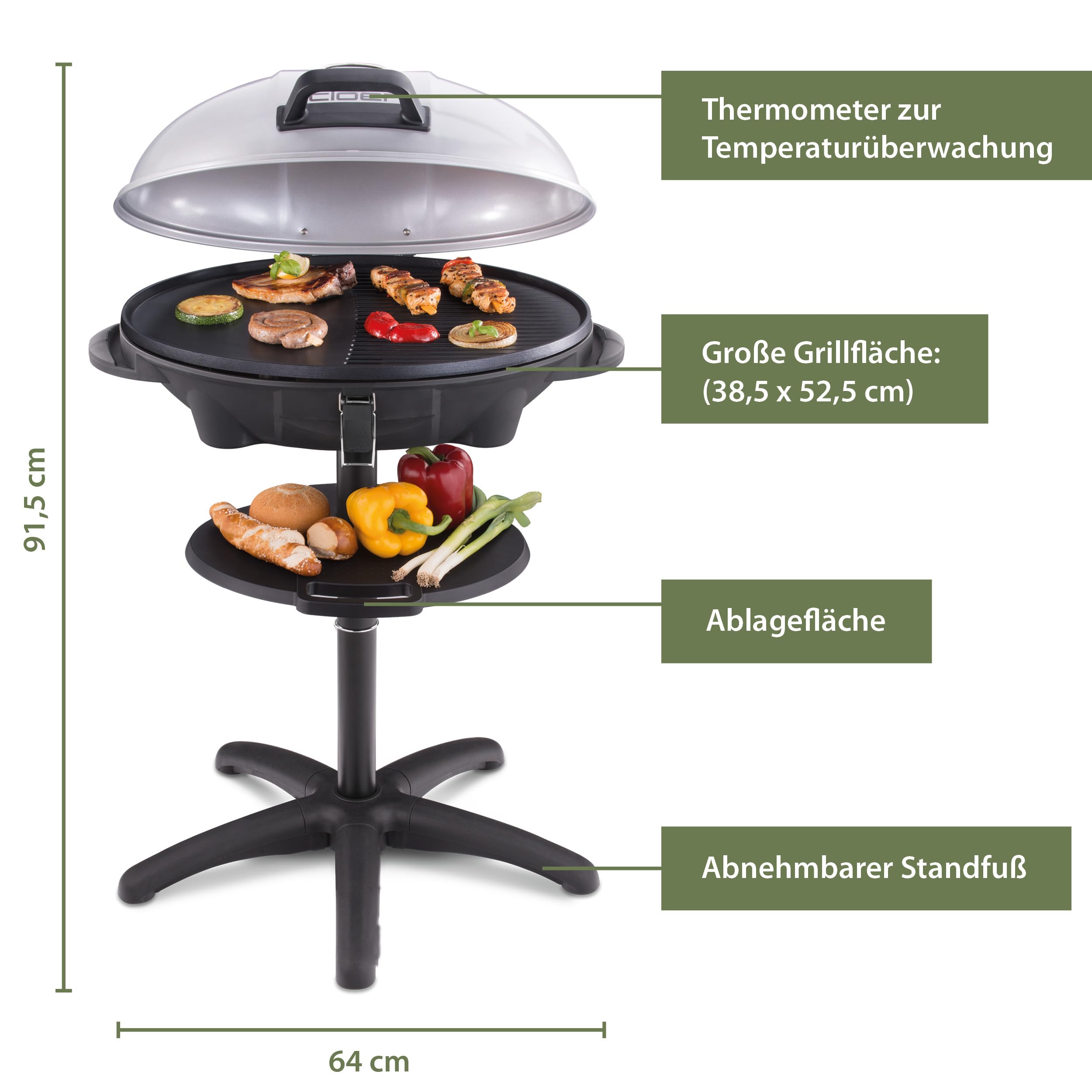 Cloer 6789 Barbecue-Grill, Outdoor Standgrill mit integriertem Thermometer, Antihaftbeschichtung, 2400 Watt, Grillfläche: 38,5 x 52,5 cm, platzsparend verstaubar