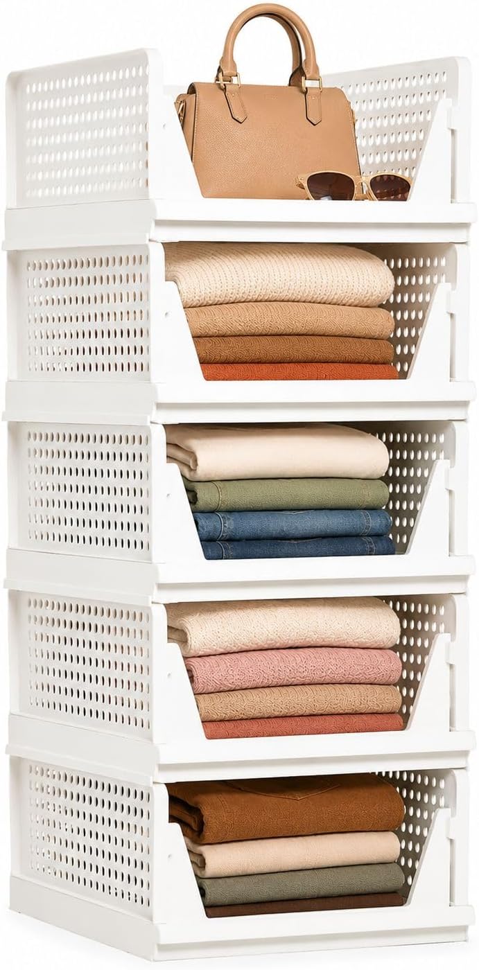 5 Pack Stackable Closet Storage Basket - Stackable Storage Bins, Multifunctional & Foldable Closet Organizer Waterproof, bathroom cabinet organizer,rv closet shelves, white stackable storage bins