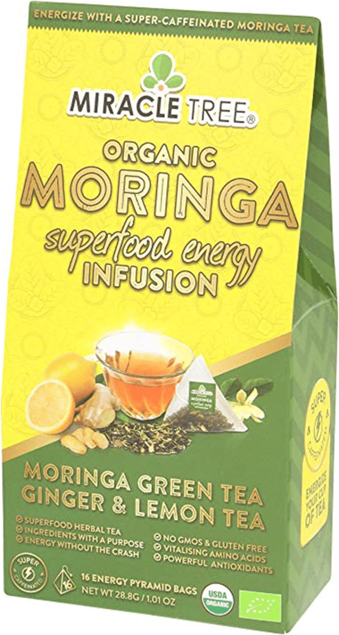 Miracle Tree Organic Moringa Energy Tea, Ginger Lemon, 16 Bags