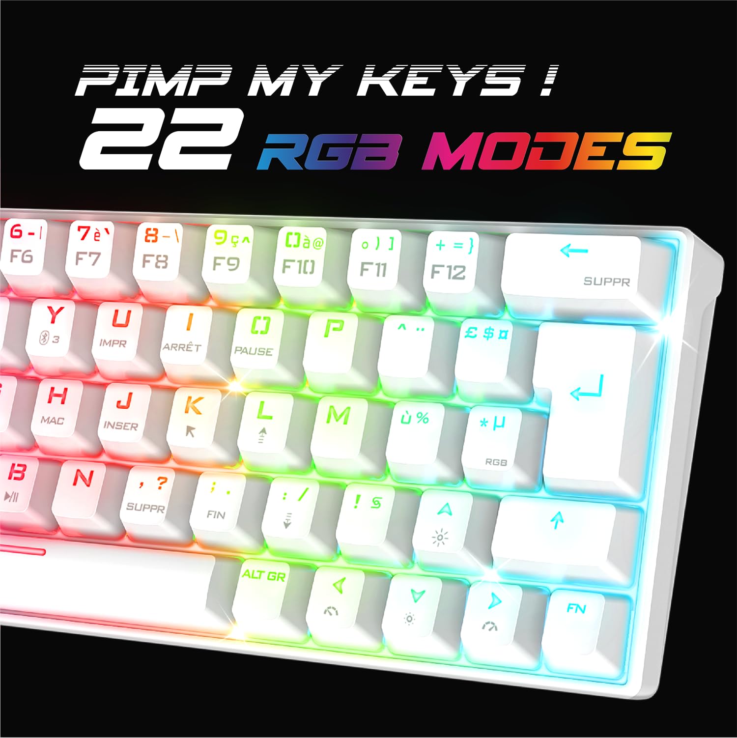 Spirit Of Gamer XPERT K200 | Clavier Gamer sans Fil & Bluetooth RGB | TKL AZERTY Ultra Compact 60% | Switches Rouges mécaniques Anti-Ghosting | Compatible Windows, Smartphone & Tablette (Blanc)