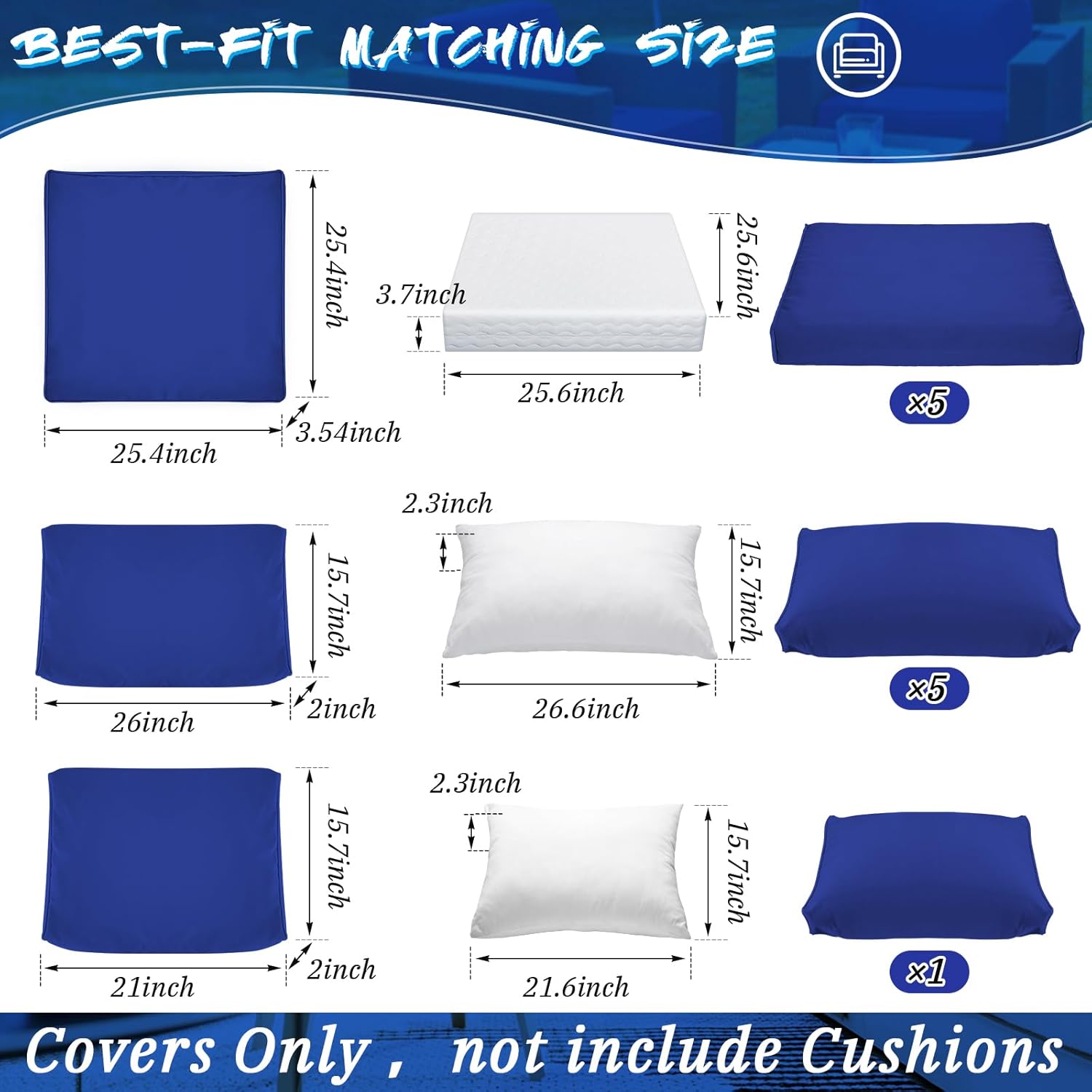Patelai 11 Pcs Waterproof Patio Cushion Covers for Outdoor Sectional Furniture Wicker Rattan Patio Sofa Couch Chair Seat Pillow Slipcovers, 3 Sizes Covers Only (25.4 x 25.4X 3.54,Dark Blue)