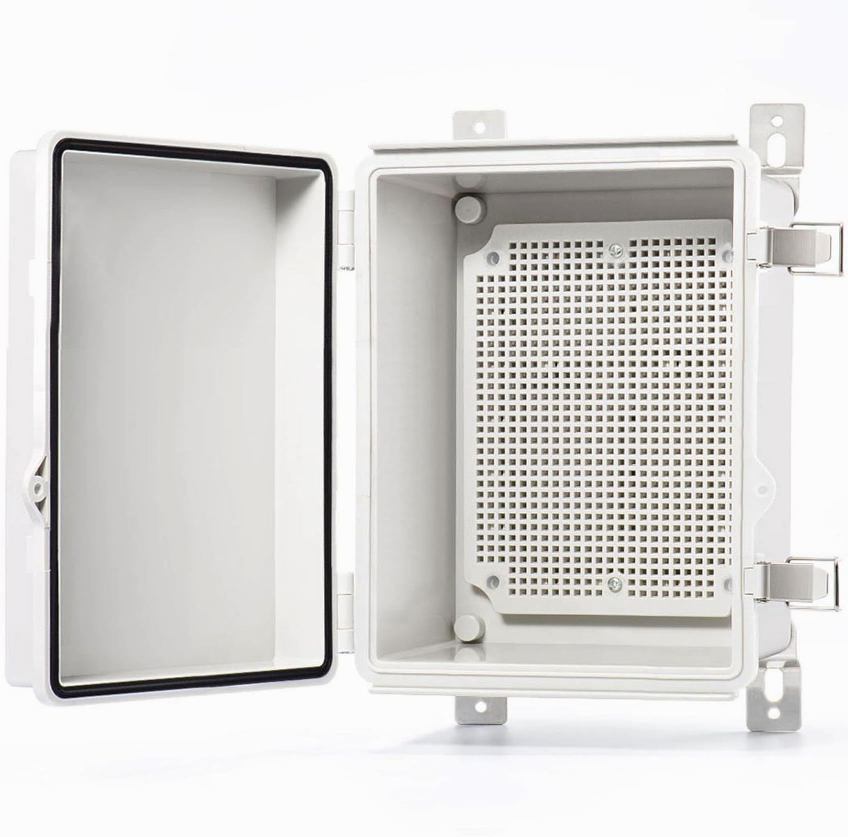 QILIPSU Hinged Cover Stainless Steel Latch 220x170x110mm Junction Box with Mounting Plate, Universal IP67 Project Box Waterproof DIY Electrical Enclosure, ABS Plastic Grey (8.6"x6.7"x4.3" SSL)