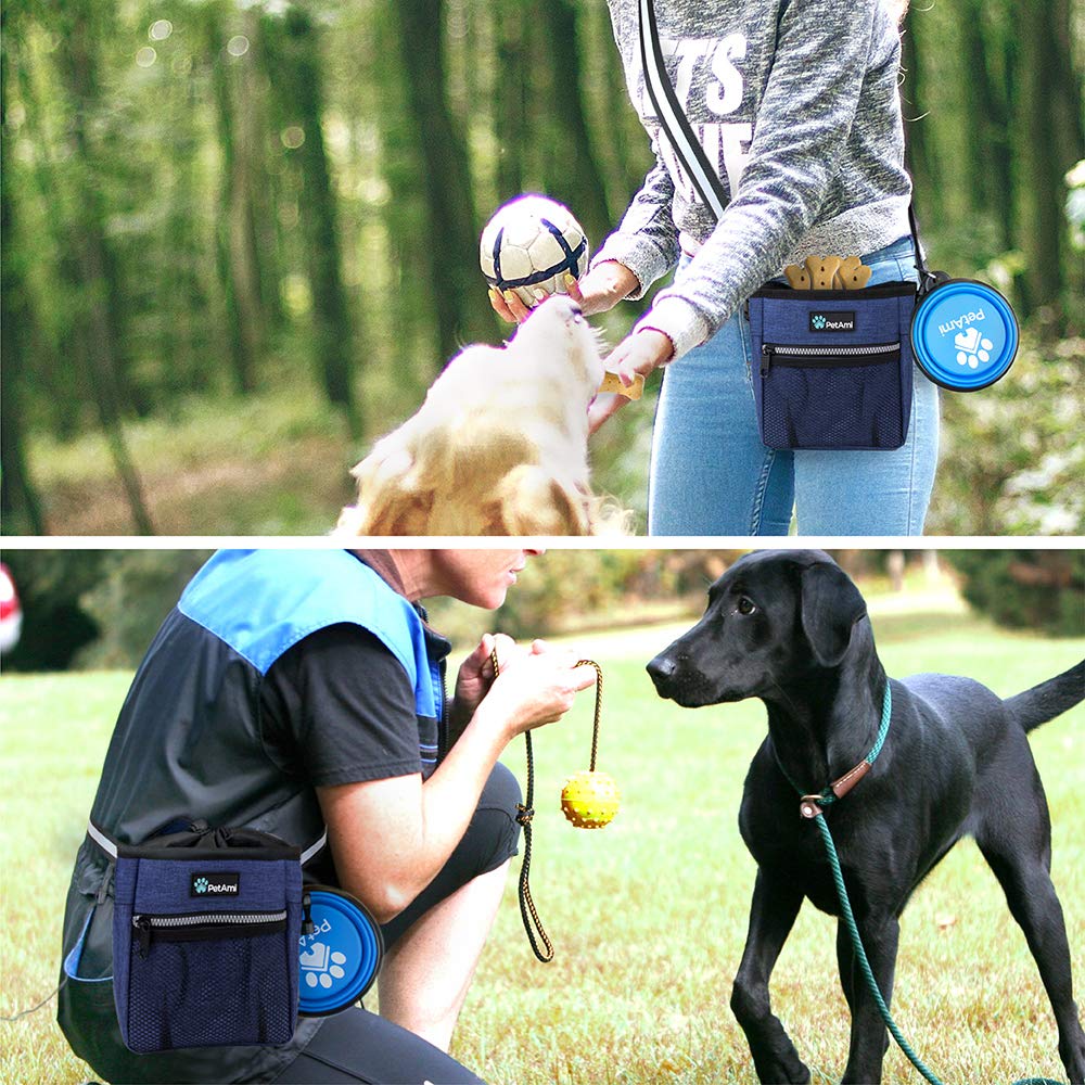 PetAmi Torba na smakołyki dla psów, torba treningowa dla psów, z paskiem na ramię, dozownikiem torby na odchody i składaną miską, torba treningowa na smakołyki, krokielki, zabawki dla zwierząt domowych, 3 sposoby noszenia (wrzosowo-granatowa)