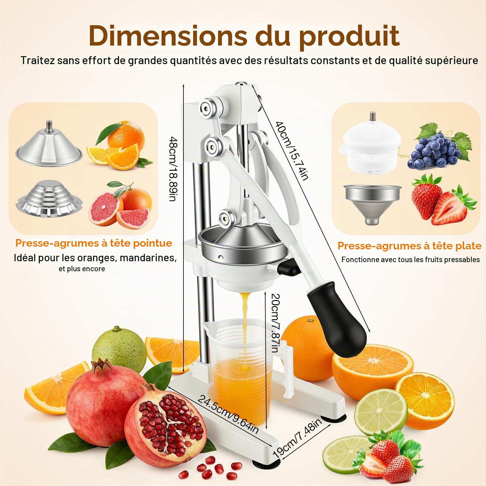 Presse Agrumes Manuel avec Tête Pointue & Plate, Acier Inoxydable Presse Orange avec Tasse Mesure 500ml, Presses Fruit avec Base U Stable, Haute Extraction de Jus, pour Citron, Orange, Pamplemousse