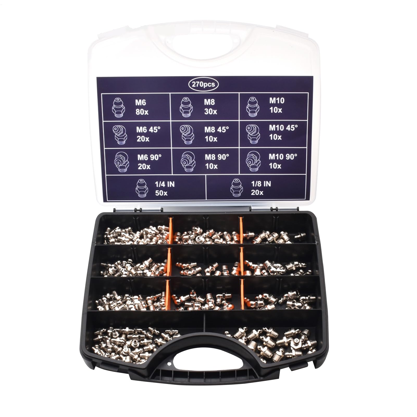 Surtido de boquillas de grasa – M6 M8 M10 – Kit de montaje (270 unidades) | Boquillas cónicas de acero galvanizado, ángulo recto de 45° y 90°, accesorios profesionales para máquinas y coches