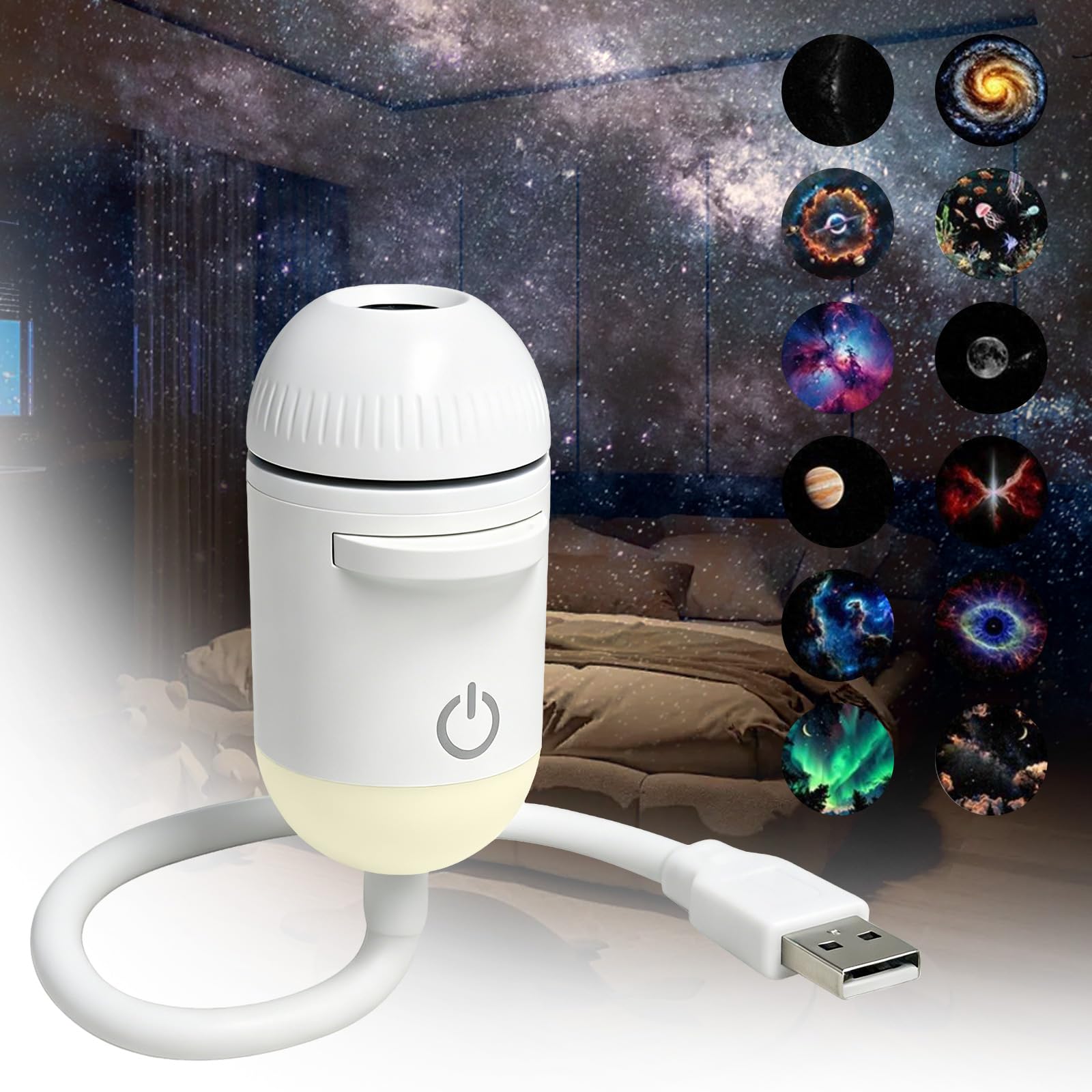 Pipihome Galaxy Projector Night Light, USB Galaxy Star Projector with 12 Sliding Projection Films, 360° Starry Sky Night Light Projector for Bedroom Ceiling Wall Room Decor