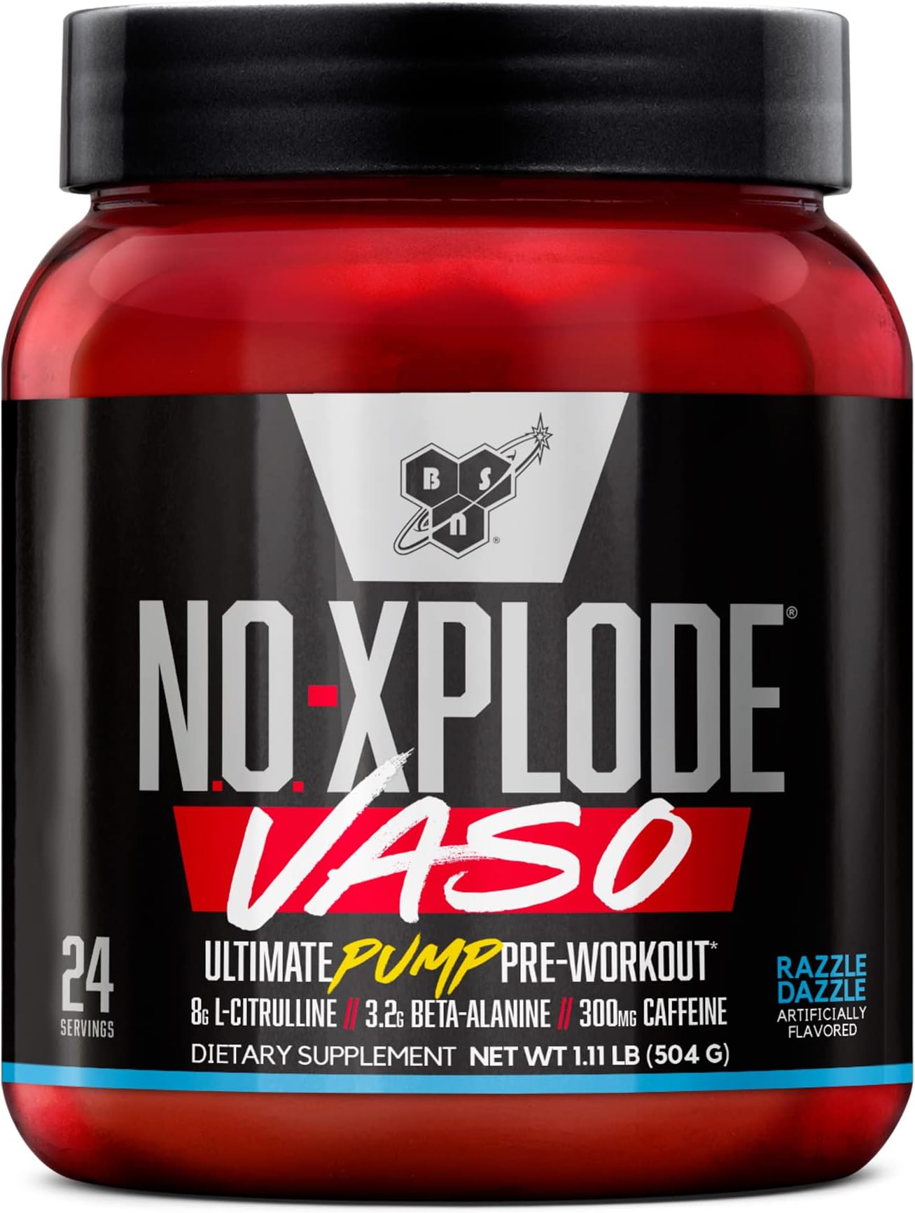 N.O.-XPLODE Vaso Pre Workout Powder with 8g of L-Citrulline and 3.2g Beta-Alanine and Energy, Flavor: Razzle Dazzle, 24 Servings