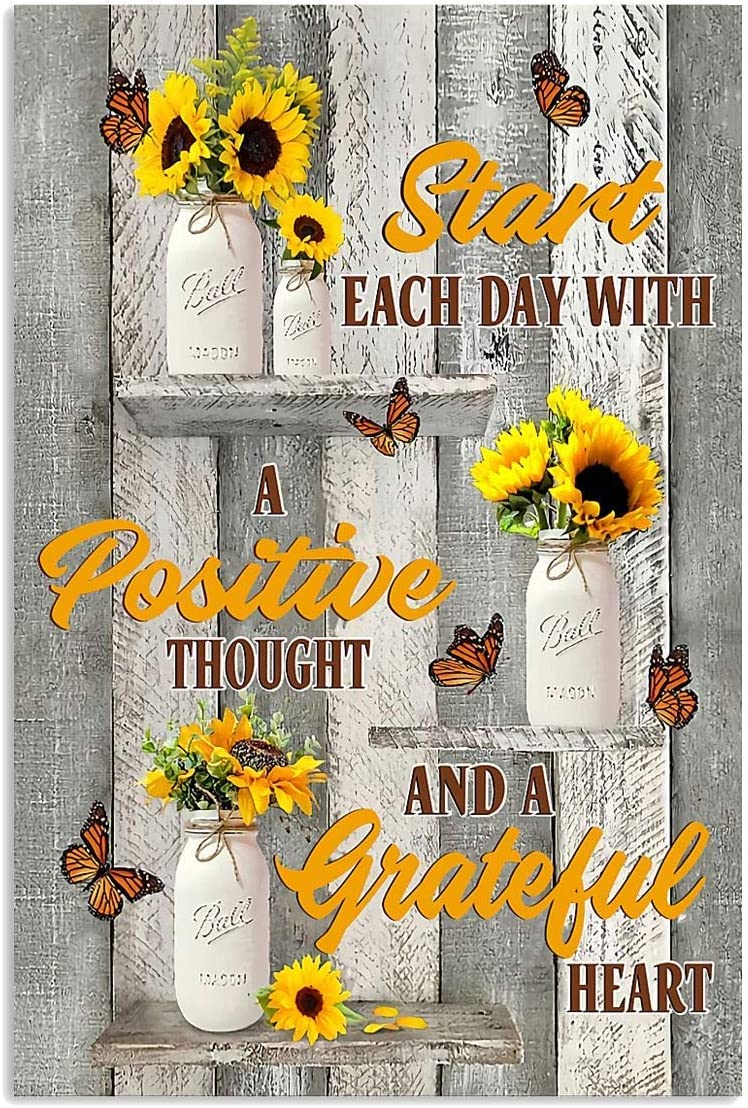 Haosensix Sunflower Butterfly Metal Tin Sign Vintage Garden Decor Start Each Day With A Positive Thought Retro Poster Home Yard Farm Club Wall Decoration Plaque 8x12 Inches